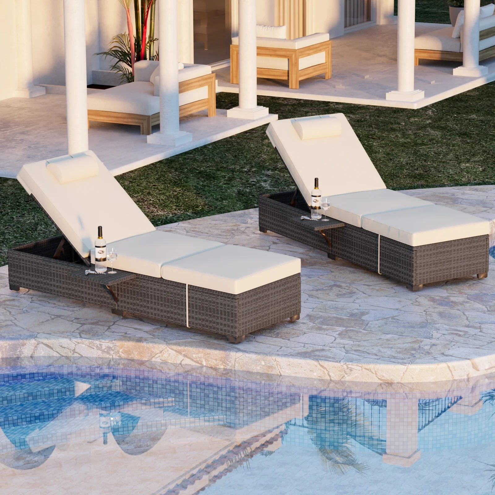 Garvee Set of 2 Outdoor Chaise Lounge Chairs - PE Rattan Recliners with Adjustable Backrest & Side Table, Earth Gray Cushions, All-Weather Steel Frame