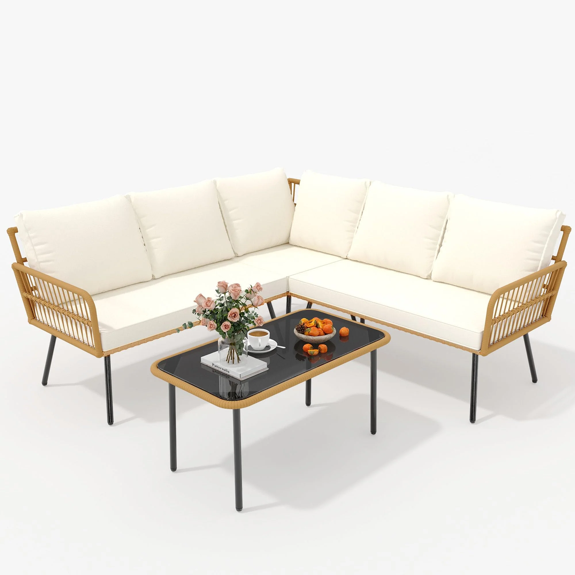 Garvee 4-Piece Outdoor Wicker L-Shaped Sectional Set, All-Weather Rattan with Glass Top Coffee Table & Cushioned Chairs, Beigeable & Cushioned Chairs, Boho Balcony Furniture for Backyard, Poolside, Garden, Beige