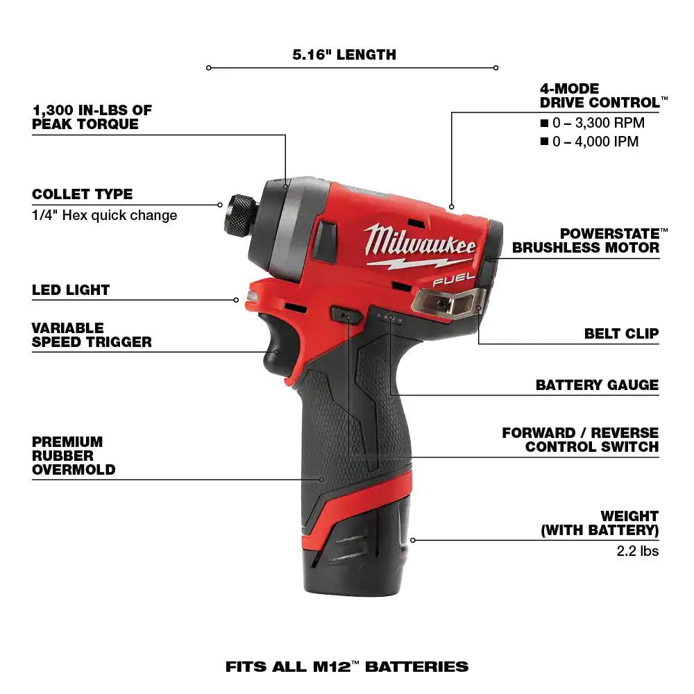 Milwaukee M12 FUEL 12-Volt Lithium-Ion Brushless Cordless Hammer Drill and Impact Driver Combo Kit w/ 2 Batteries and Bag (2-Tool)