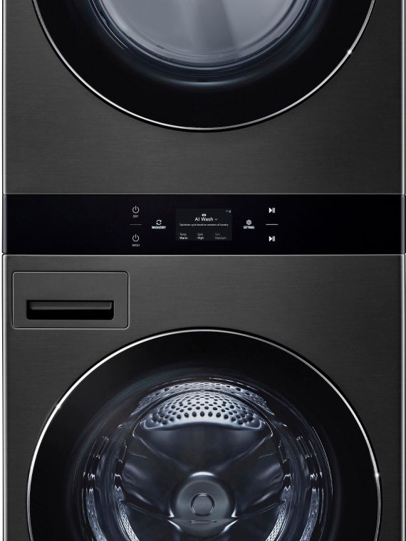 2026 LG – 5.0 Cu. Ft. HE Smart Front Load Washer and 7.4 Cu. Ft. Electric Dryer WashTower with Steam and Center Control – Black Steel