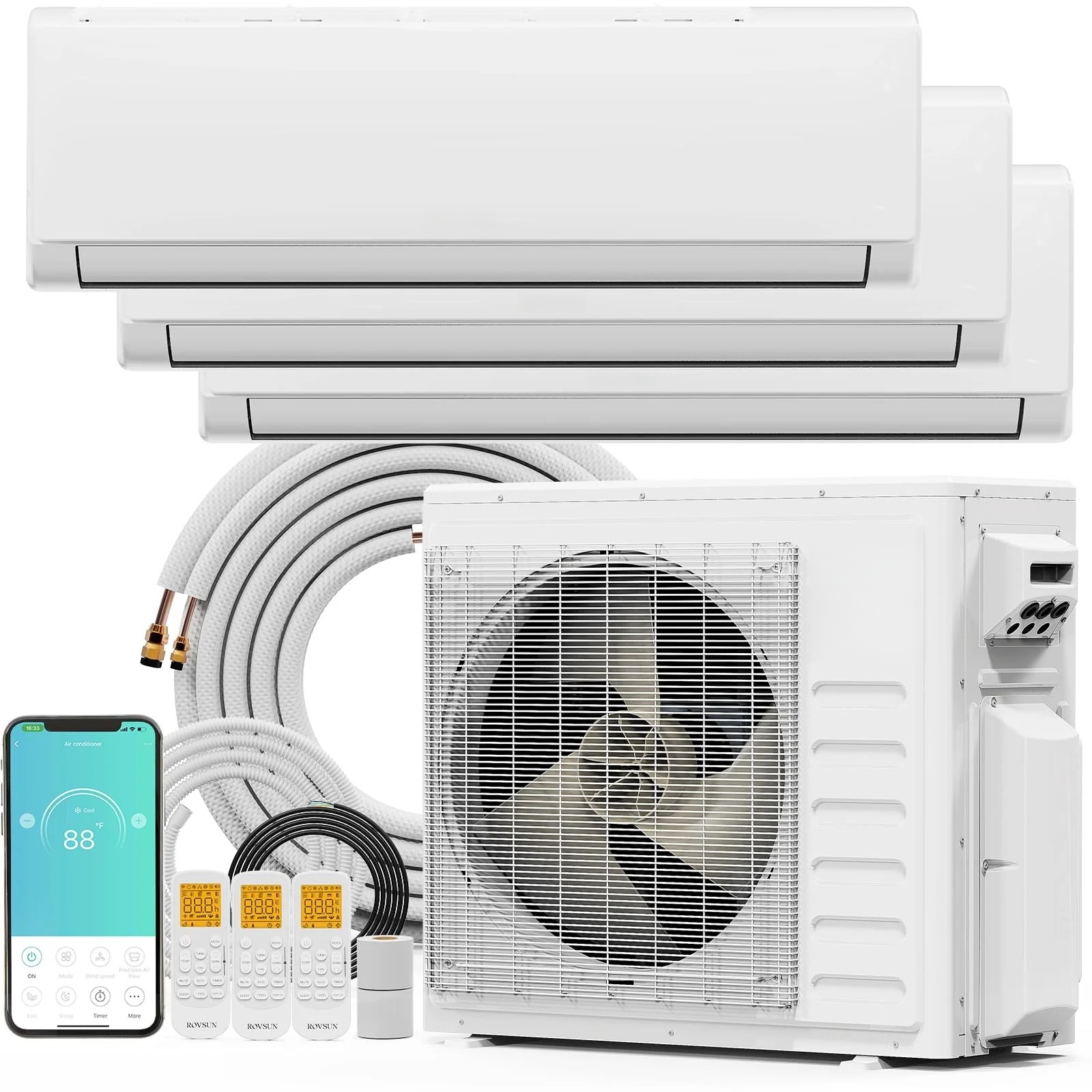 3 Zone 9,000 + 9,000 + 12,000 / 28,000 BTU Wifi Mini Split Air Conditioner Ductless 20 SEER2 230V with Heat Pump & 25Ft Install Kit