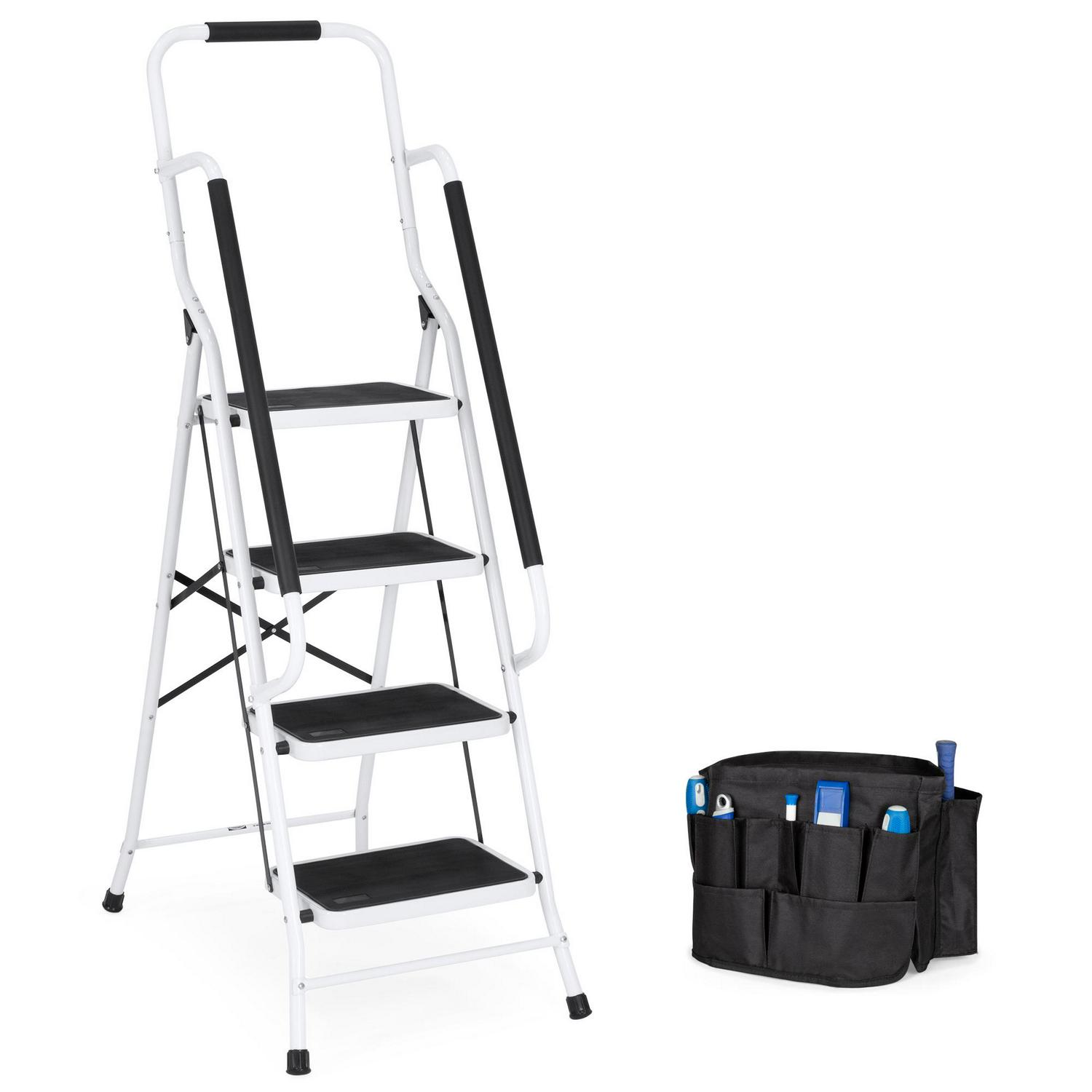 2026 Best Choice Products 4-Step Portable Folding Anti-Slip Steel Ladder w/ Handrails, Attachable Tool Bag