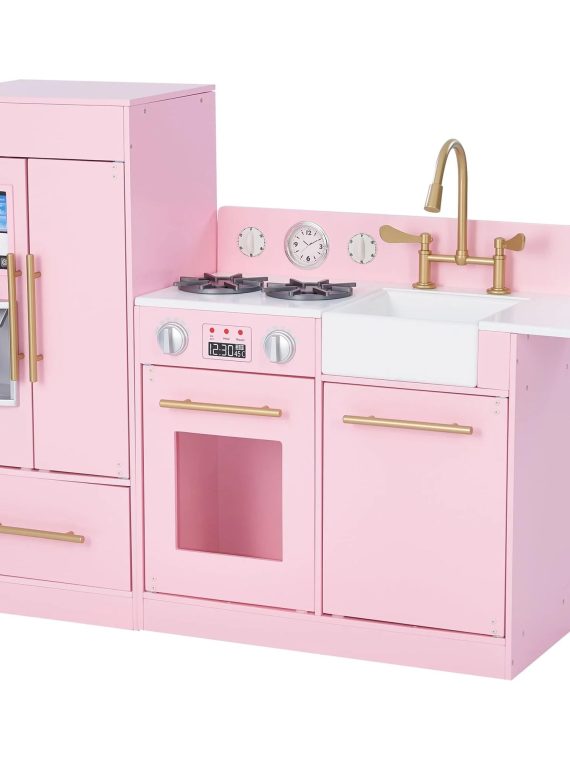 2026 Teamson Kids Little Chef Charlotte Modern Play Kitchen with Free-Standing Refrigerator, Separate Kitchenette Unit, & Interactive Features, Pink