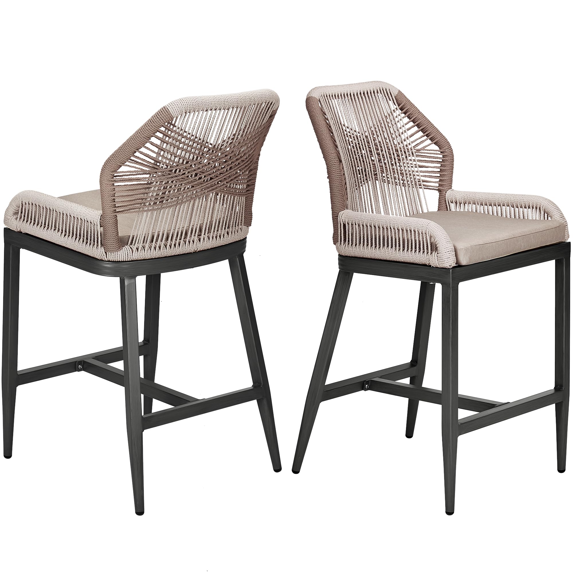 Garvee Bar Stools Set of 2 with Footrest, Counter Height Chairs with Back, All-Weather Design, Chic Ergonomics, Rattan Bar Stools, Cushions Included, Easy Assembly for Patio and Garden, Dark Grey