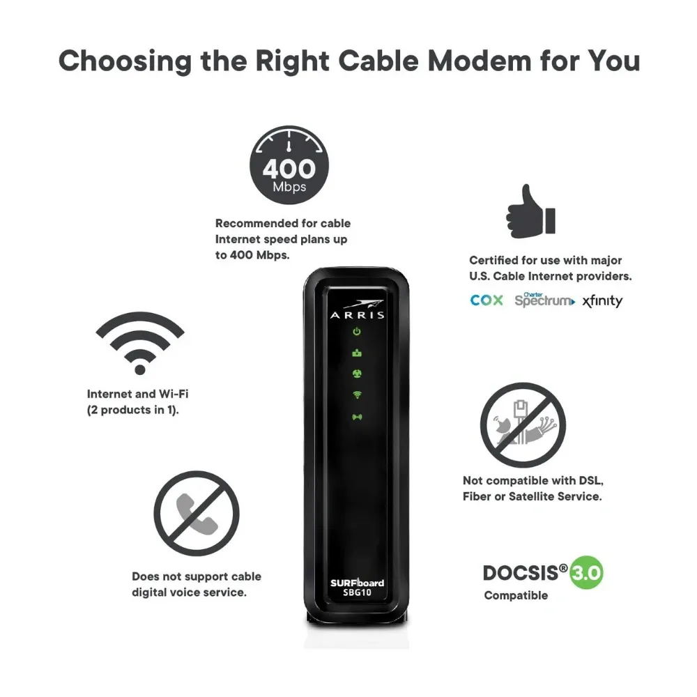 Arris SURFboard SBG10 DOCSIS 3.0 Cable Modem & AC1600 Dual Band Wi-Fi Router