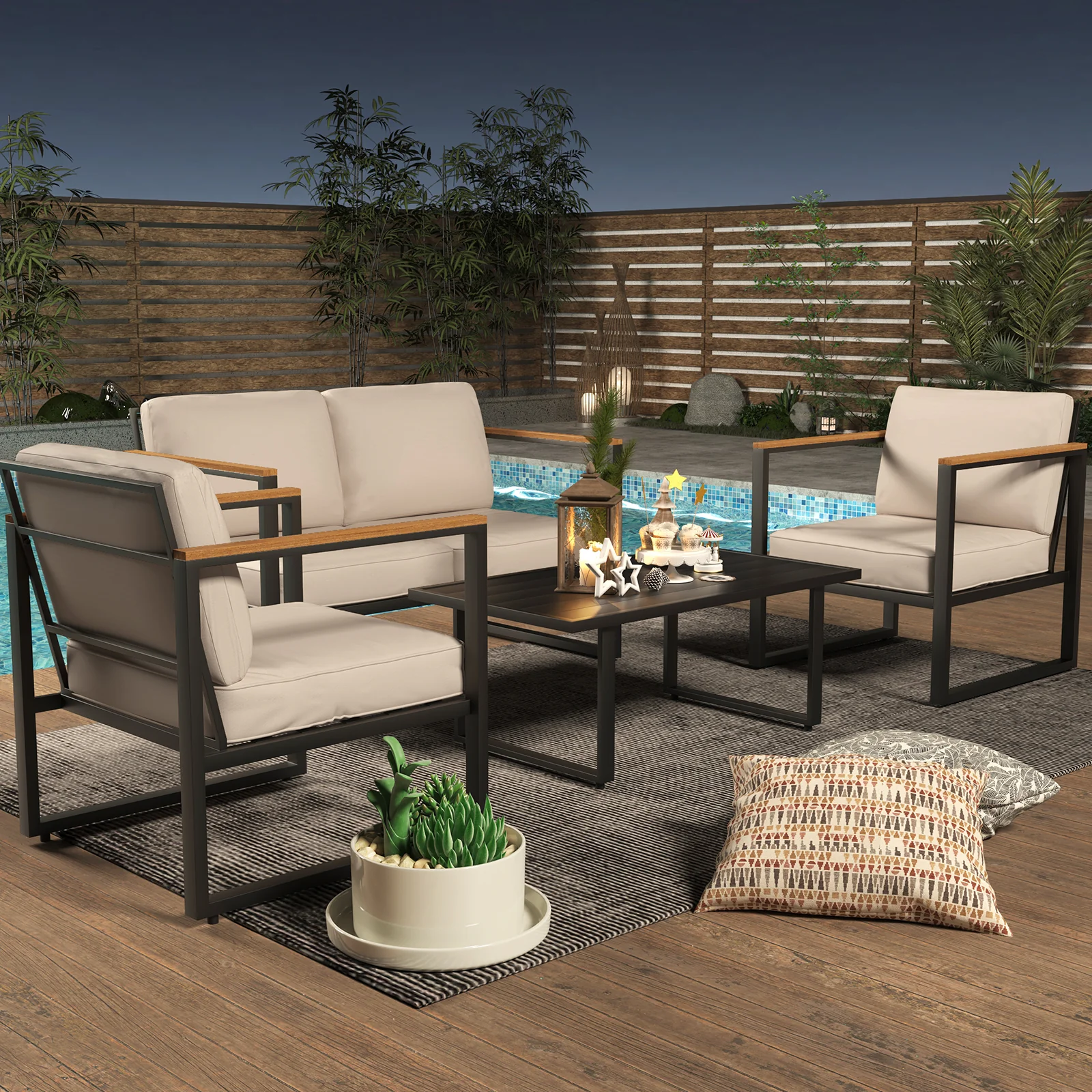 Garvee 4-Piece Outdoor Patio Furniture Set - Metal Conversation Set with Loveseat, 2 Chairs & Coffee Table - All-Weather Thick Cushioned Seating for Porch, Deck, Garden, Balcony, Bistro, Black, Beige