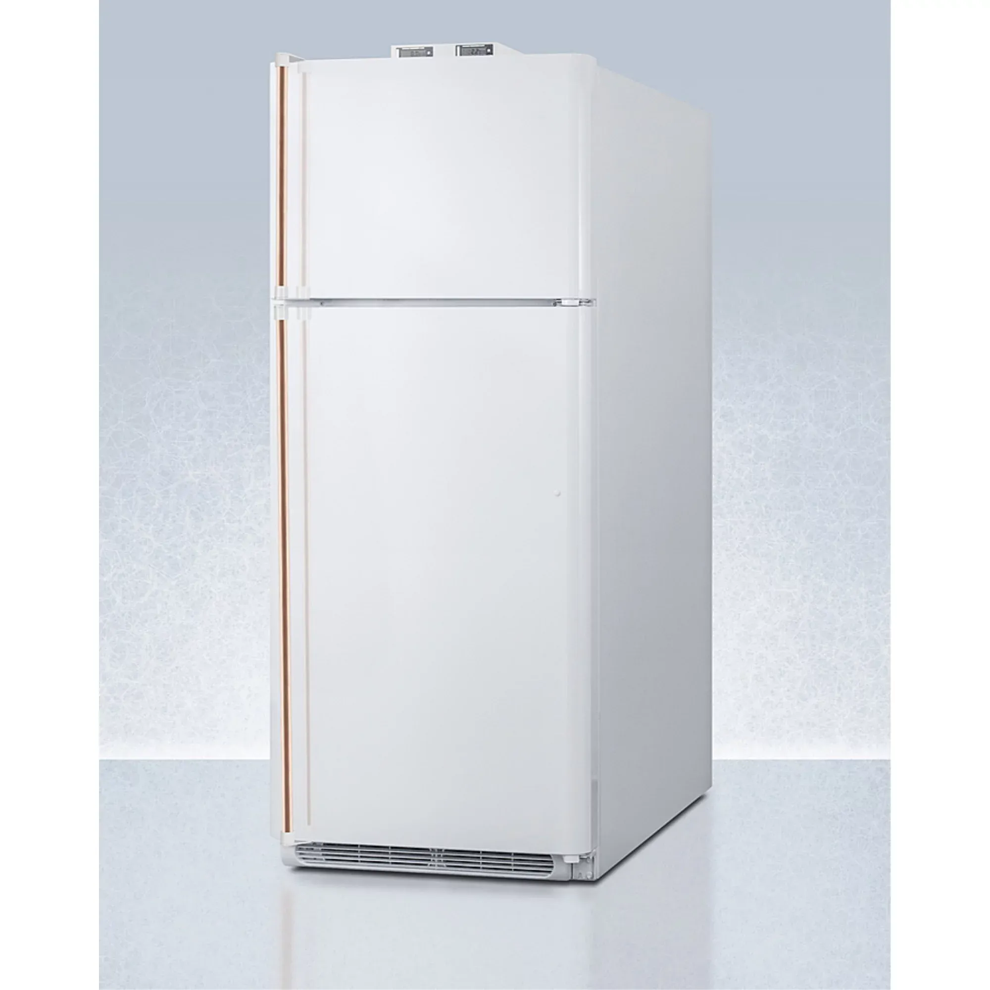 18 cu.ft. break room refrigerator-freezer in white with NIST calibrated alarm/thermometers and copper handles