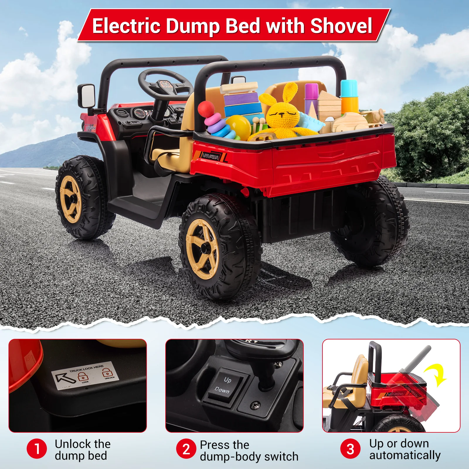 Garvee 24v Ride On Dump Truck, 2 Seater Electric Ride On Car Toy for Kids, Battery Powered UTV with 4x35W Motors, Shovel, Bluetooth, Remote Control, Music, LED Lights for Boys & Girls, Red