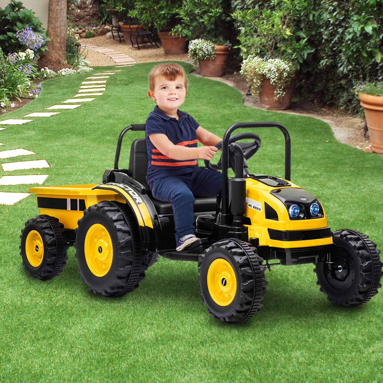 Garvee 12V Electric Ride-On Tractor for Kids with Trailer, Remote Control, Music, LED Lights, and Rear Wheel Suspension - Battery Powered Toy Vehicle - Yellow