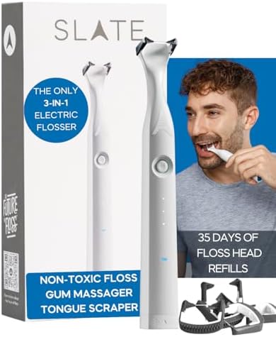 2026 SLATE Electric Flosser | 3-in-1 Power Flosser w/Tongue Cleaner  Gum Stimulator  & Reusable Floss | Electronic Flosser  Water Flosser Alternative for Adults & Kids  Vibrating Non-Toxic Woven Floss