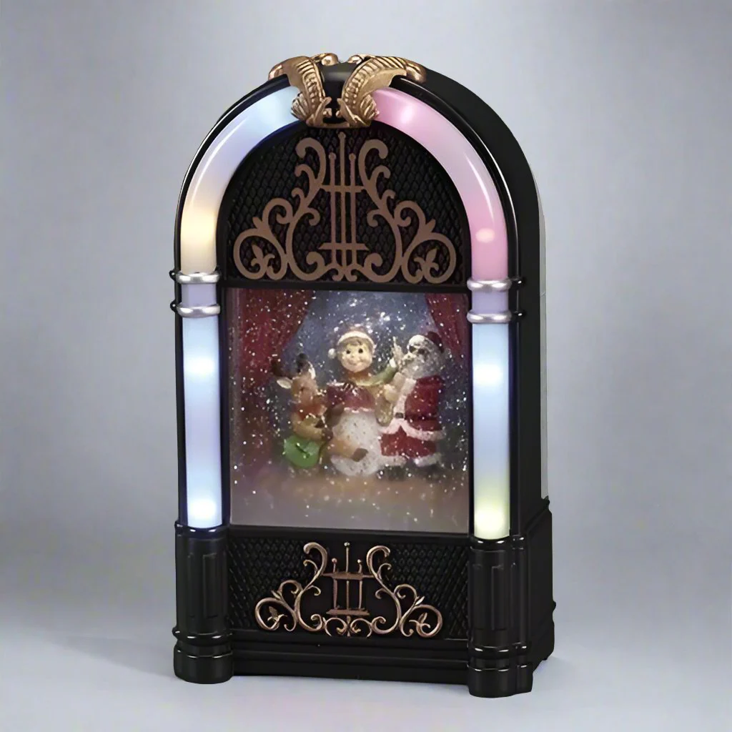 Lighted Musical Swirl Juke Box W/ Santa, An Elf And A Reindeer, 9