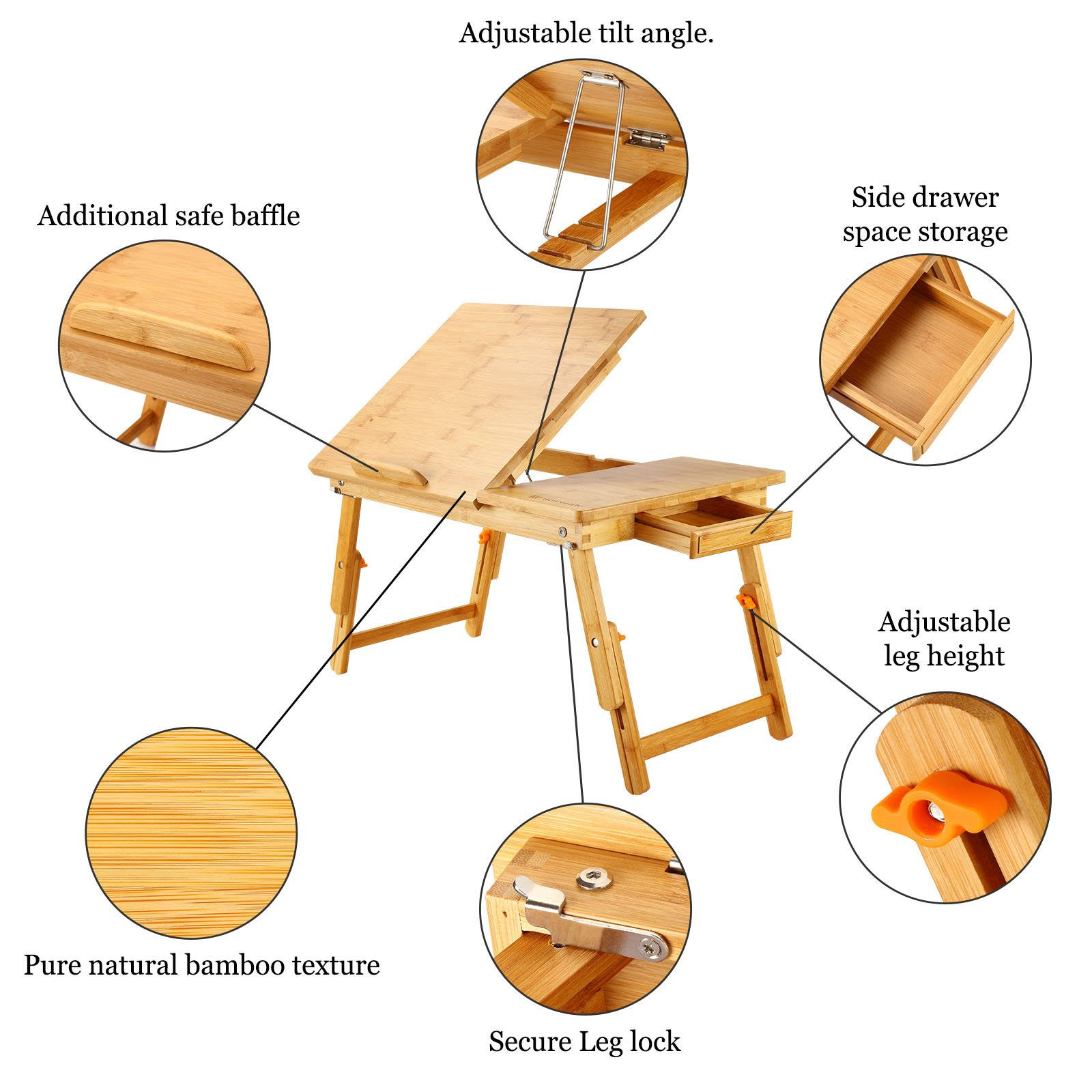 Nnewvante Laptop Desk Table Adjustable 100% Bamboo Foldable Breakfast Serving Bed Tray W&