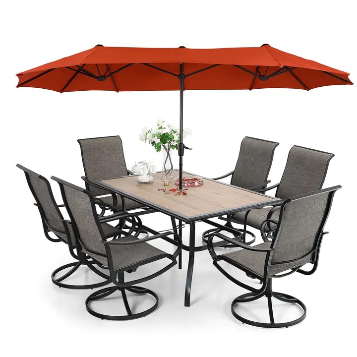 2026 8 Pieces Patio Dining Set with Umbrella,Outdoor Furniture Set with 6 Sling Dining Swivel Chairs