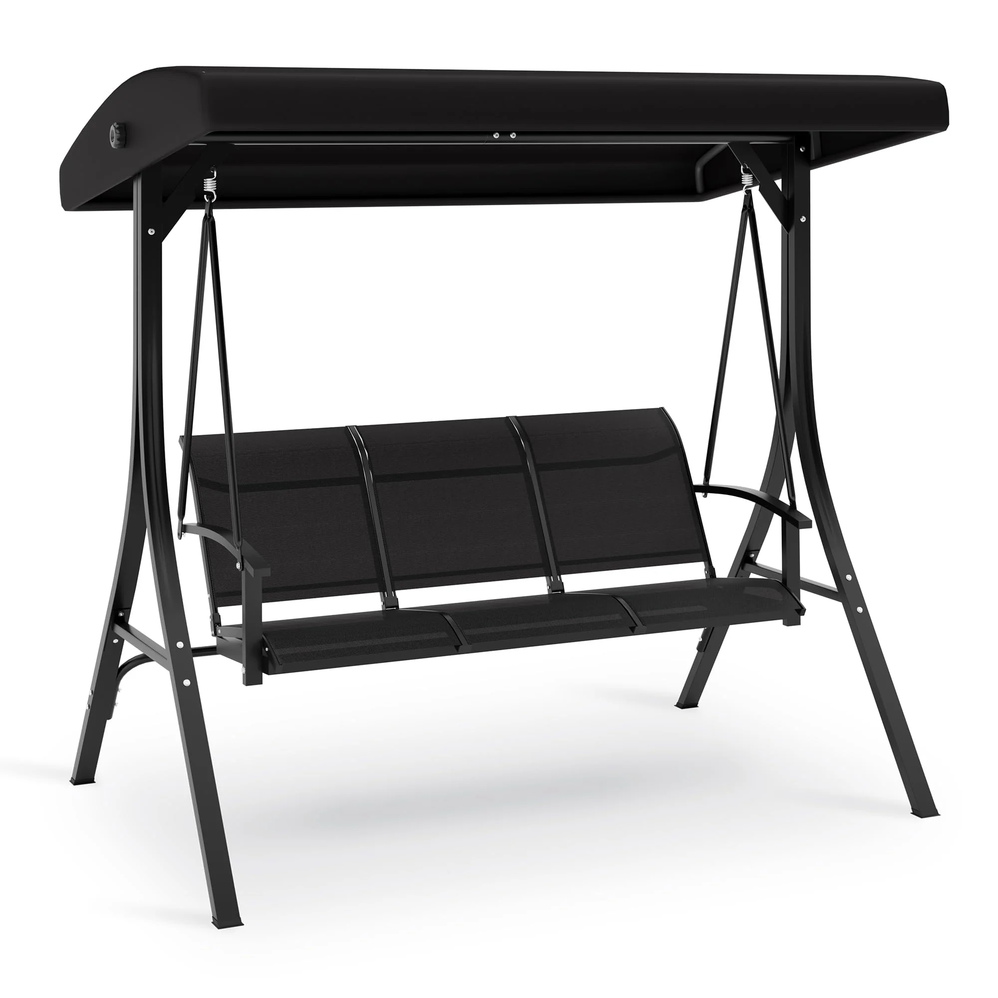 Garvee 3-Seat Outdoor Patio Swing with Adjustable Tilt Canopy - Steel Frame Black Porch Swing Chair for Backyard, Poolside, Garden, Black