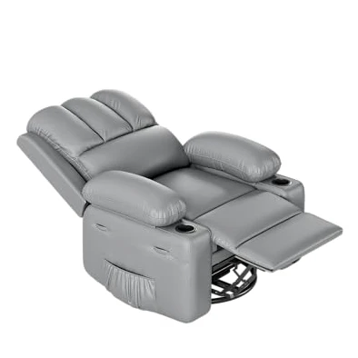 Garvee Leather Recliner Chair, Manual Rocking Recliner w/Comfortable Arms and Cup Holders for Living Room CF8011 - Gray, Medium