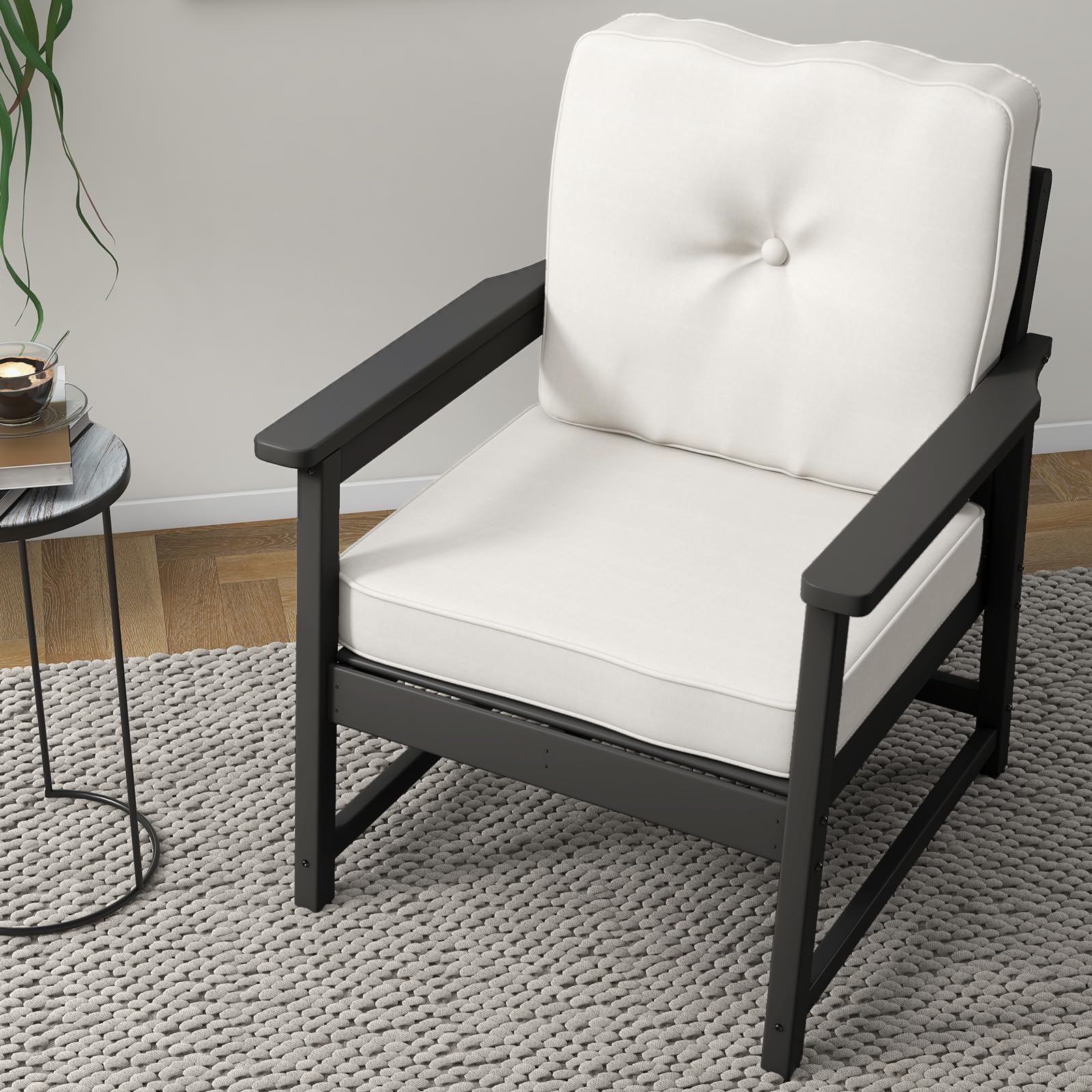 Garvee Patio Chairs HDPE Recycled Plastic Outdoor Club Chair with Thick Cushion & Stainless Steel Screws, Black, for Deck, Yard, Garden, Porch