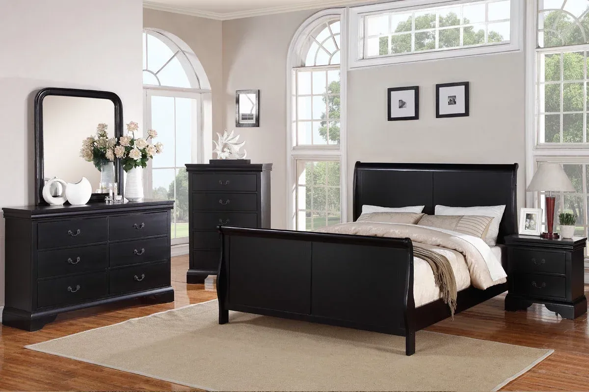 Gorgeous Black 3pc Beautiful Louis Philippe Style California King Size Sleigh Bed 2x Nightstand Set Wooden Bedroom Furniture