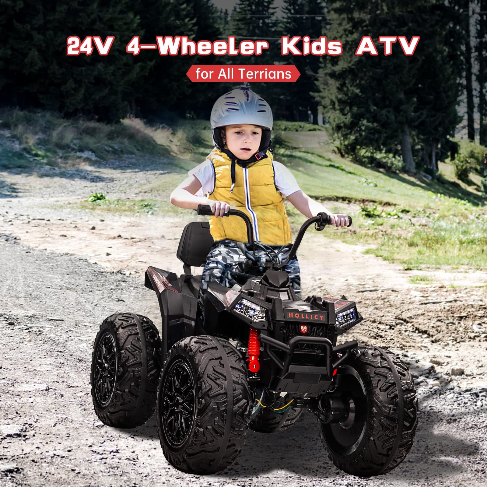 Garvee 24V Kids ATV, Ride on Car 4WD Quad Electric Vehicle, 4x80W Powerful Engine, with 7AHx2 Large Battery, Accelerator Handle, EVA Tire, Full Metal Suspension, LED Light, Bluetooth&Music - Blake