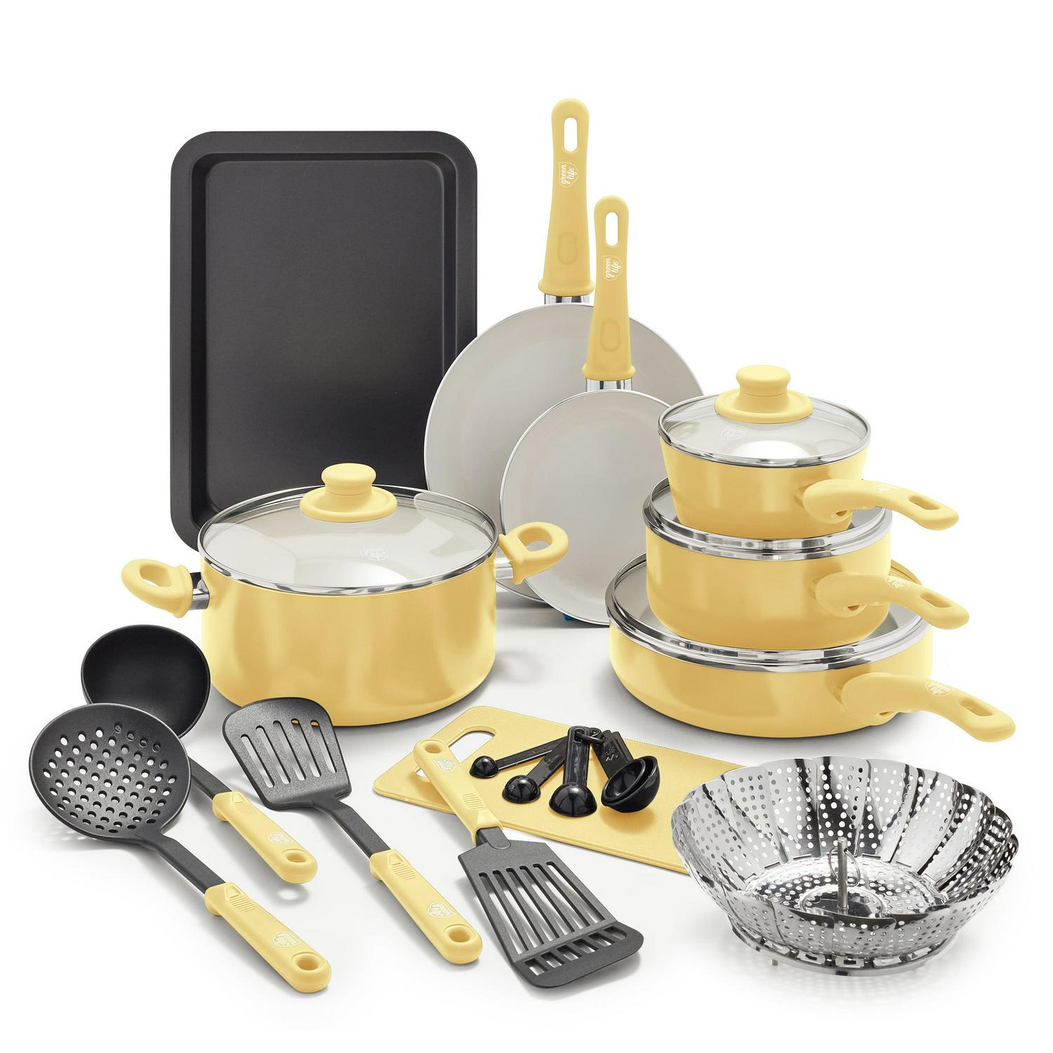 2026 GreenLife 18-Piece Soft Grip Toxin-Free Healthy Ceramic Non-Stick Cookware Set, Yellow, Dishwasher Safe