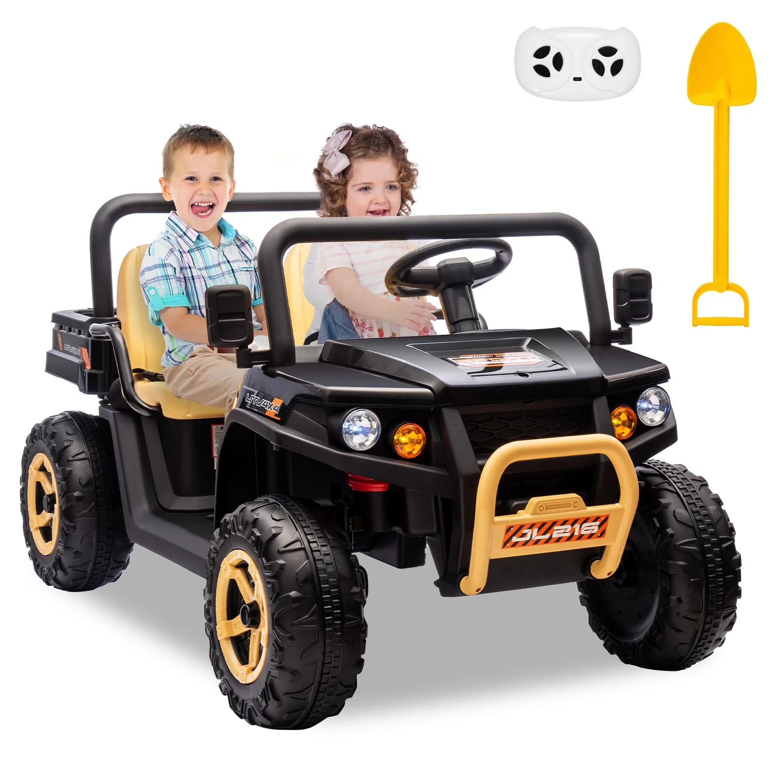 Garvee 24v Ride On Dump Truck, 2 Seater Electric Ride On Car Toy for Kids, Battery Powered UTV with 4x35W Motors, Shovel, Bluetooth, Remote Control, Music, LED Lights for Boys & Girls, Black