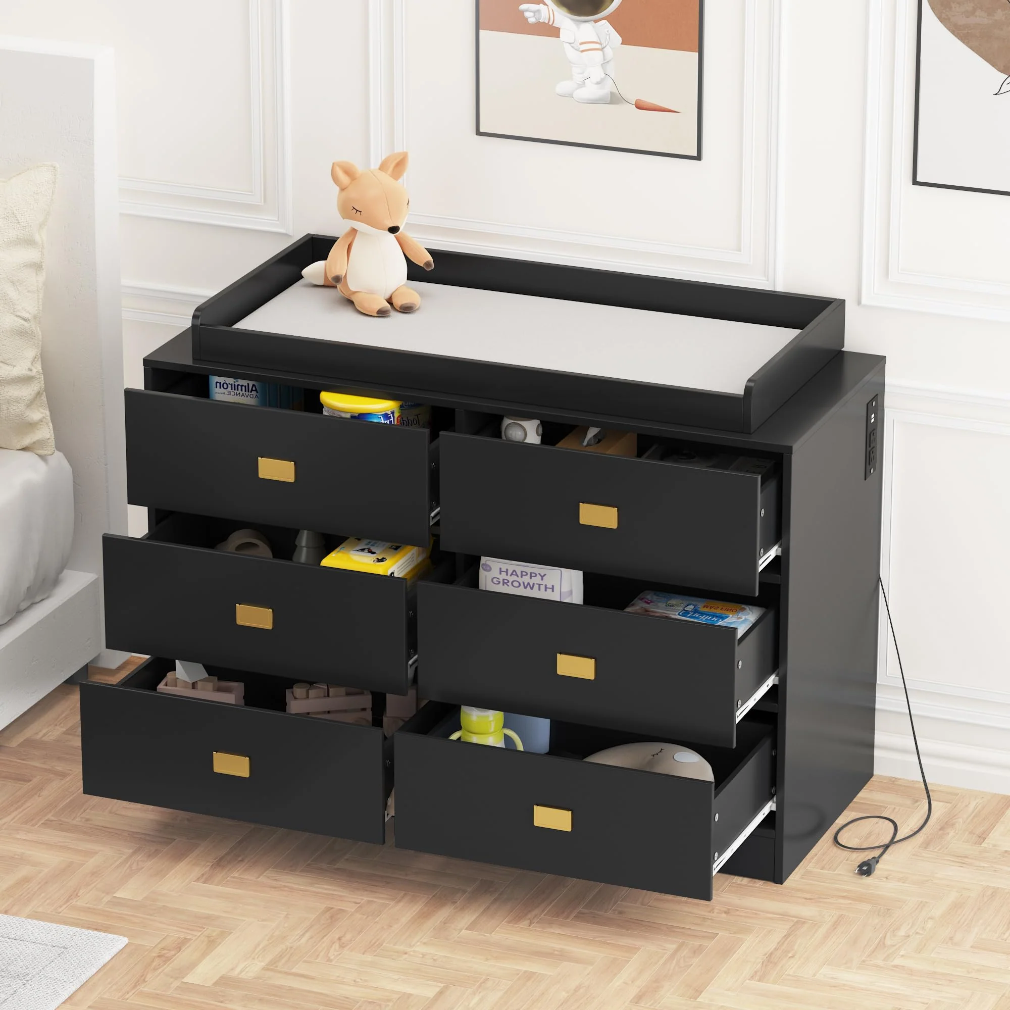 Garvee Baby Changing Table Dresser, Dresser with Changing Table Top 6 Drawers, Nursery Dresser Diaper Changing Station for Baby with Power Outlets, Changing Pad & Removable Top, Black