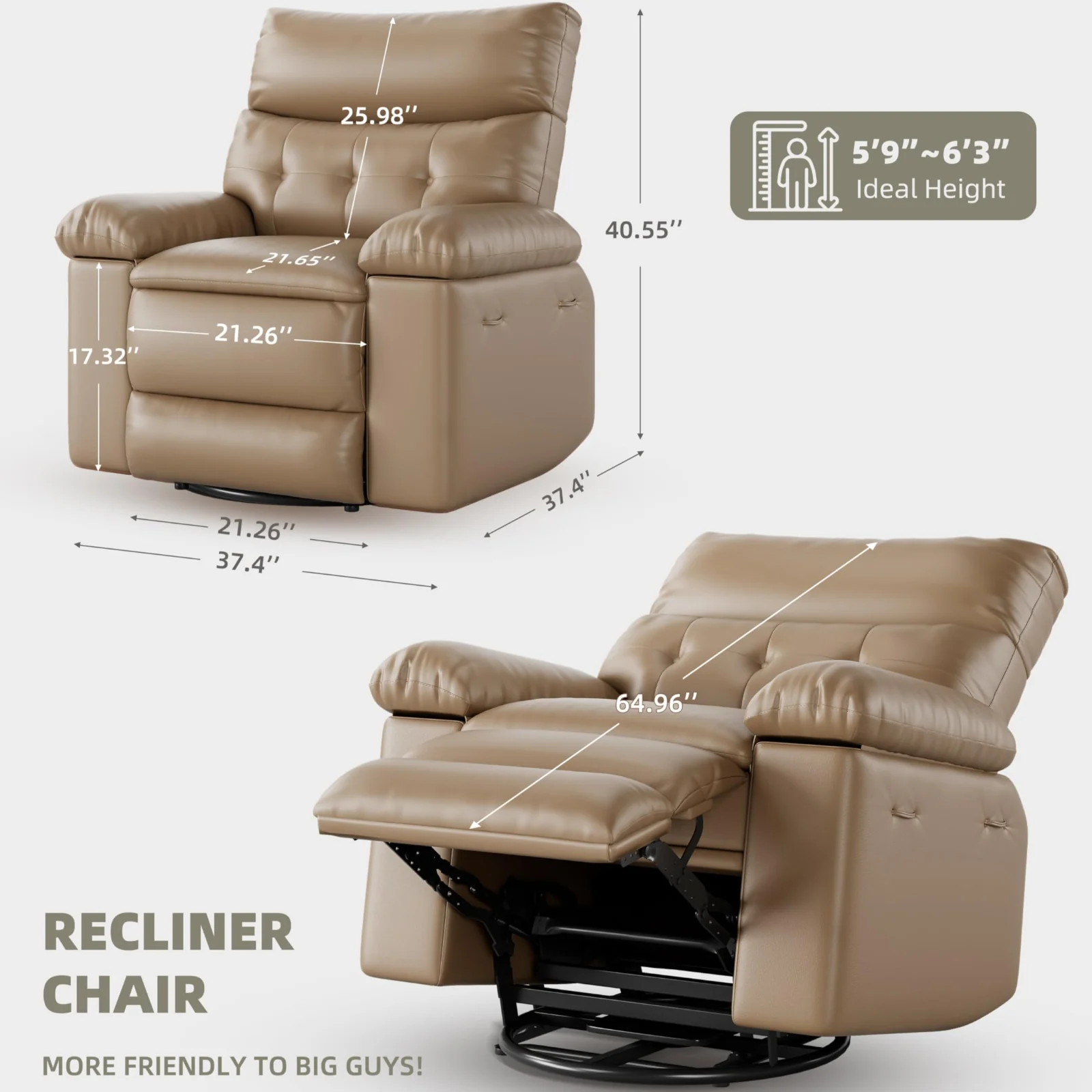 Garvee Oversized Recliner Chair - PU Leather Large Manual Recliner for Adults, Ultimate Comfort Lazy Boy with 1.5X Sponge Filling and Easy Recline Mechanism for Relaxation, Tan