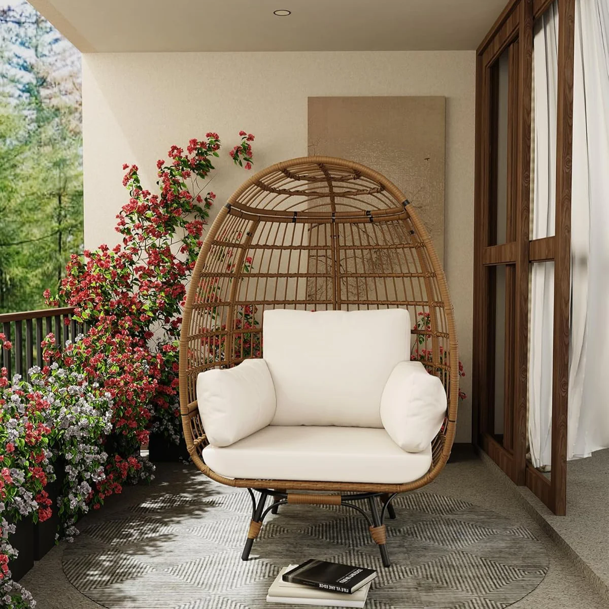 Garvee 360° Swivel Egg Chair, Oversized Patio Rotating Basket Chair, Steel Frame and Metal Base, Waterproof, PE Rattan Lounge Chair for Indoor & Outdoor Patio, Living Room, and Backyard, Beige