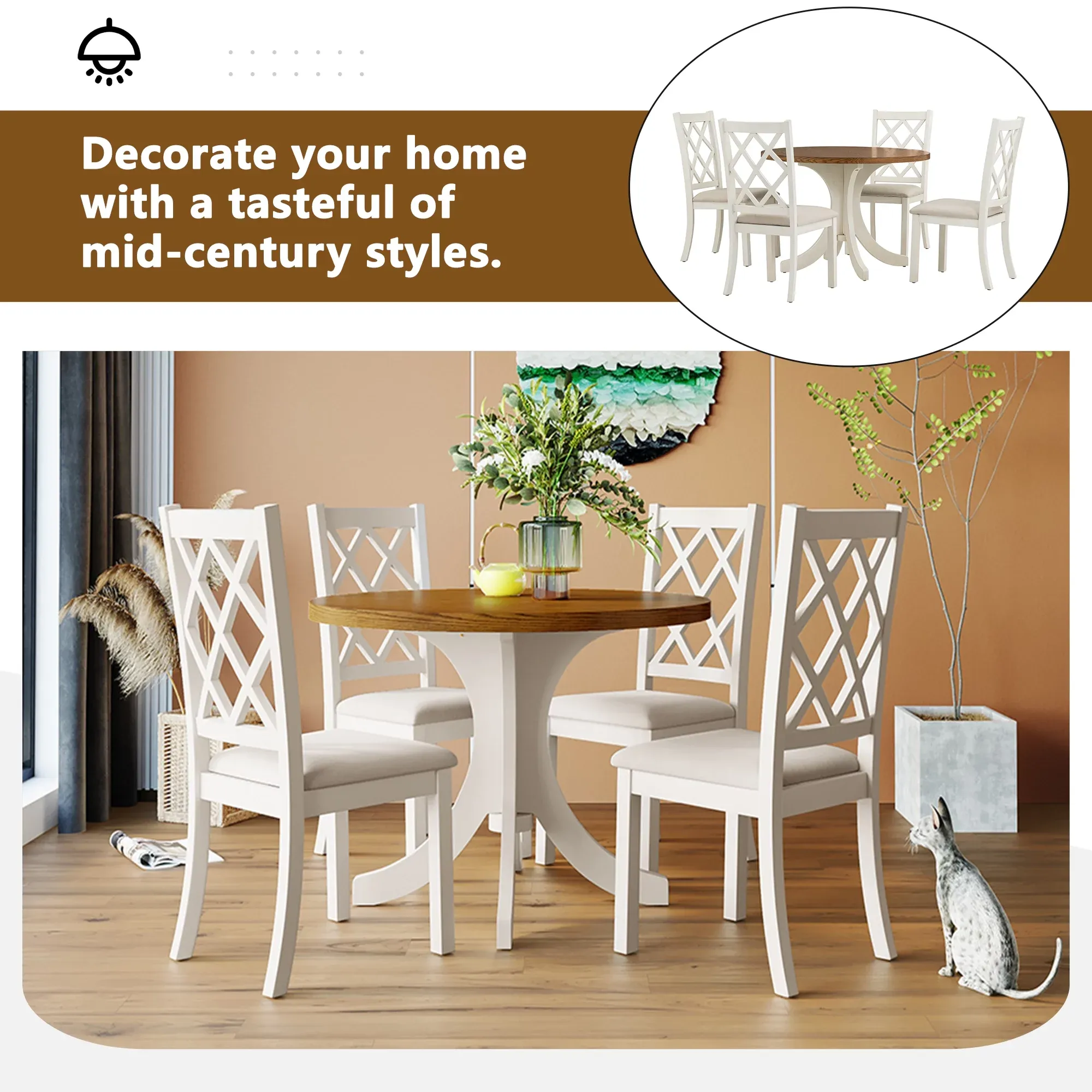 Llinc Store Mid-Century Solid Wood 5-Piece Round Dining Table Set for 4 Kitchen Table Set with Upholstered Chairs for Small Places Walnut Table+Beige Chair