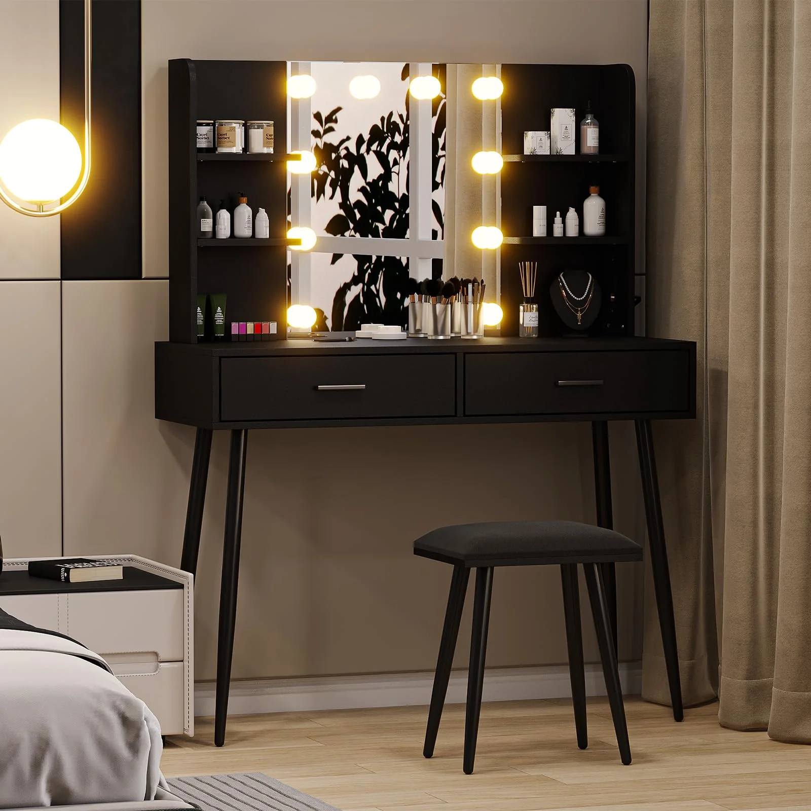Garvee Makeup Vanity Desk with Mirror & Lights, Vanity Desk with Power Outlet, Large Makeup Table with Stool & 2 Drawers & 4 Shelves