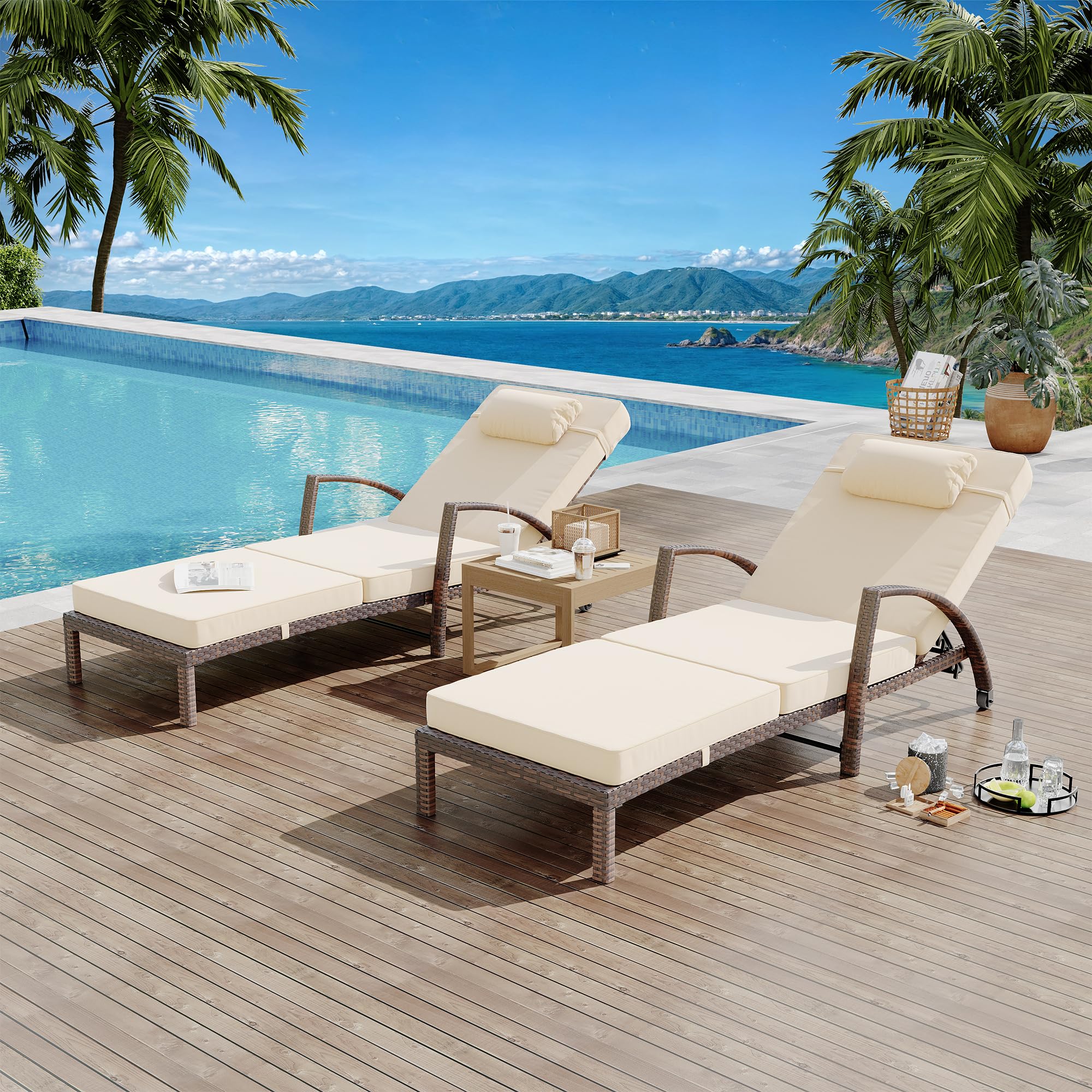 Garvee Outdoor Chaise Lounge Set of 2 Rattan Patio Folding Chaise Lounge Adjustable 5 Position Back Patio Pool Lounge Chair with Cushion Pillow for Poolside Backyard Deck Porch Khaki