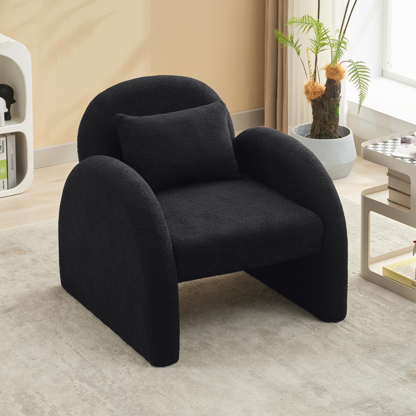 Garvee Sherpa Accent Chair,Teddy Upholstered Arm Single Sofa,Modern Fluffy Reading Chair for Living Room, Bedrooms, Corner,Mid Century Accent Armchair Velvet Black Accent Chair for Office Study