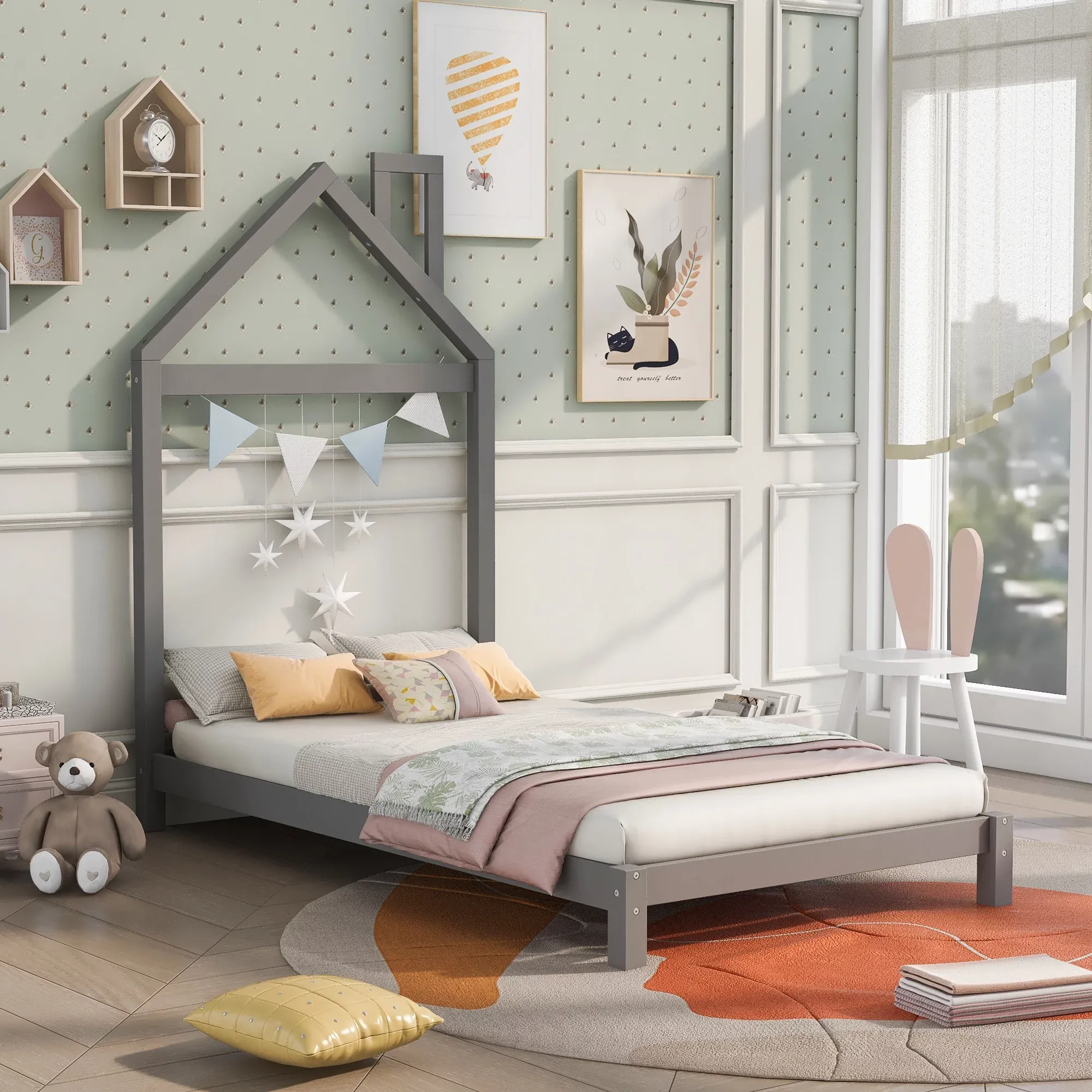uhomepro Kids Twin Bed Frame with House Frame Headboard, Pretty Platform Bed Frame for Girls Boys, Wood Bed Frame Twin Size Bedroom Furniture with Wood Slats Support, No Box Spring Needed, Gray