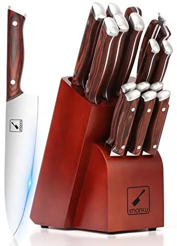 Japanese Knife Set, imarku 16-Piece Professional Kitchen Knife Set with Block, Chef Knife Set with Knife Rod, German High Carbon Steel Kitchen Knives Set