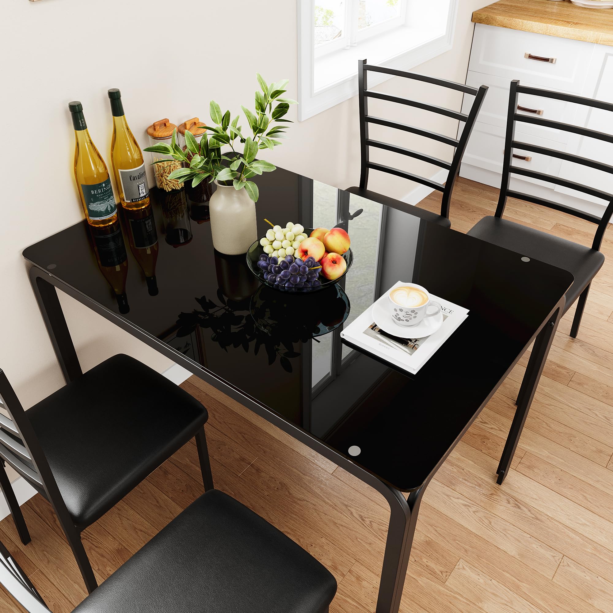 Garvee Glass Dining Table Set for 4, 5 Piece Kitchen Dining Room Table and Chairs Set, Modern Rectangle Dinner Table for Breakfast Nook, Home Office, Black Glass