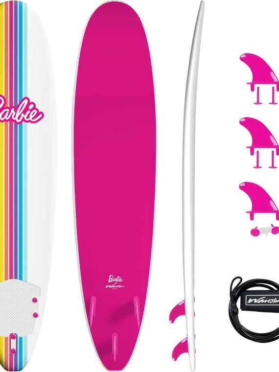 2026 BarbieTM Signature 8ft Surfboard by Wavestorm | Graphic top Deck with high Density Slick Bottom | for Kids and Adults |Foam Construction with Accessories | Leg Leash and Fin Set Included White