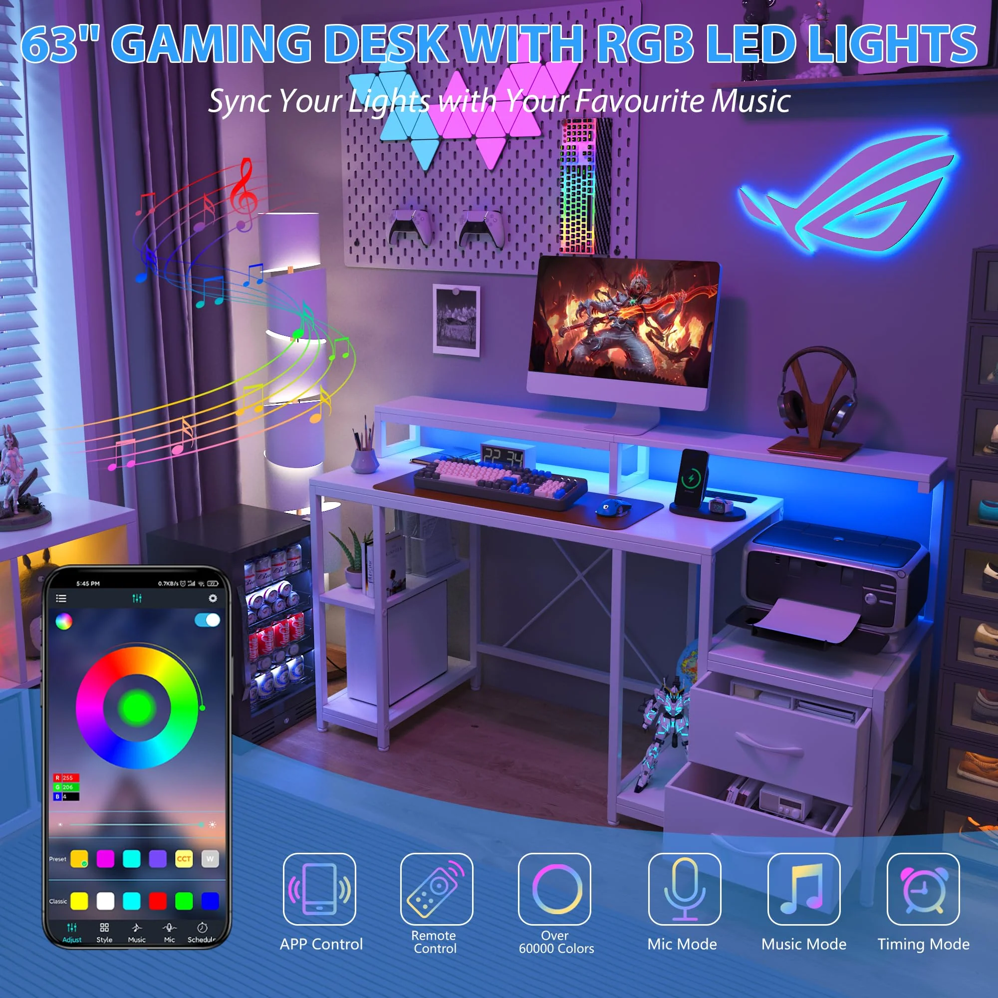 Garvee Computer Desk with LED Light & Power Outlets, Monitor Stand, Printer Space, Drawers, Storage Shelves, Study Work Desk, White - White