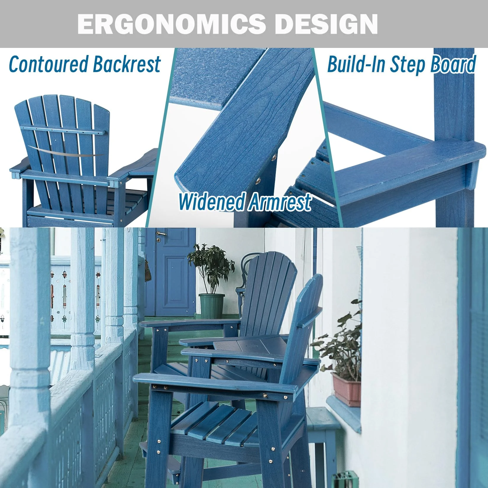 Garvee Balcony Chair Set of 2, HDPE Tall Adirondack Chairs, Contoured Seats & Tray, Weather-Resistant, Blue, for Lawn Pool Backyard