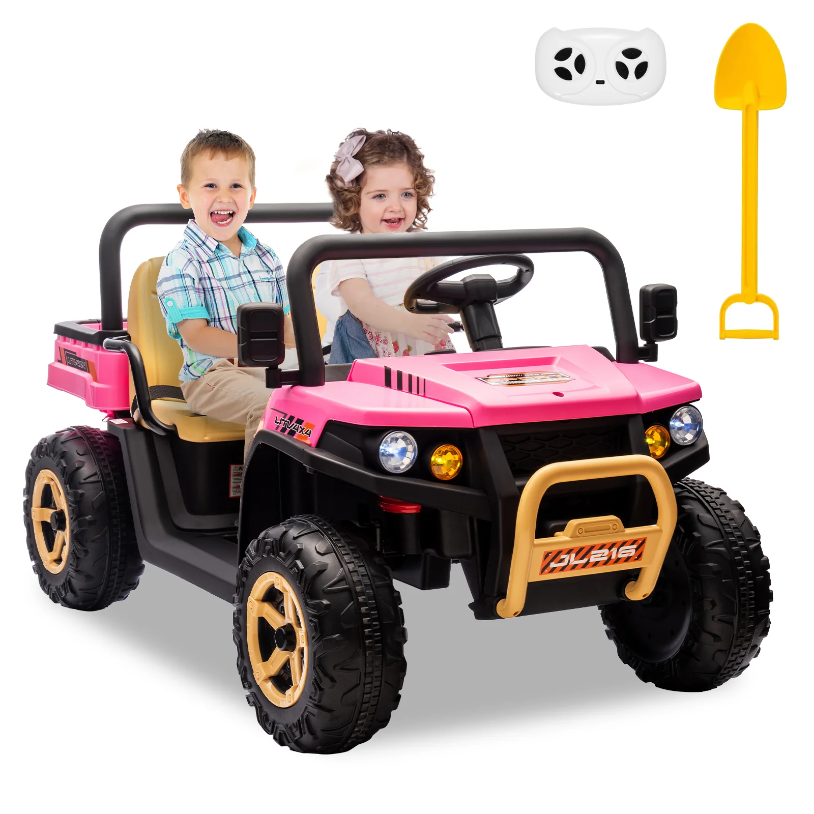 Garvee 24v Ride On Dump Truck, 2 Seater Electric Ride On Car Toy for Kids, Battery Powered UTV with 4x35W Motors, Shovel, Bluetooth, Remote Control, Music, LED Lights for Boys & Girls, Pink