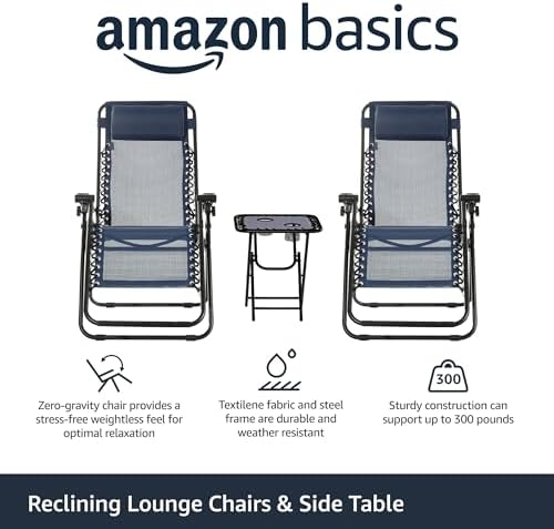 2026 Amazon Basics Outdoor Textilene Adjustable Zero Gravity Folding Reclining Lounge Chair Set with Side Table  pack of 2  Blue