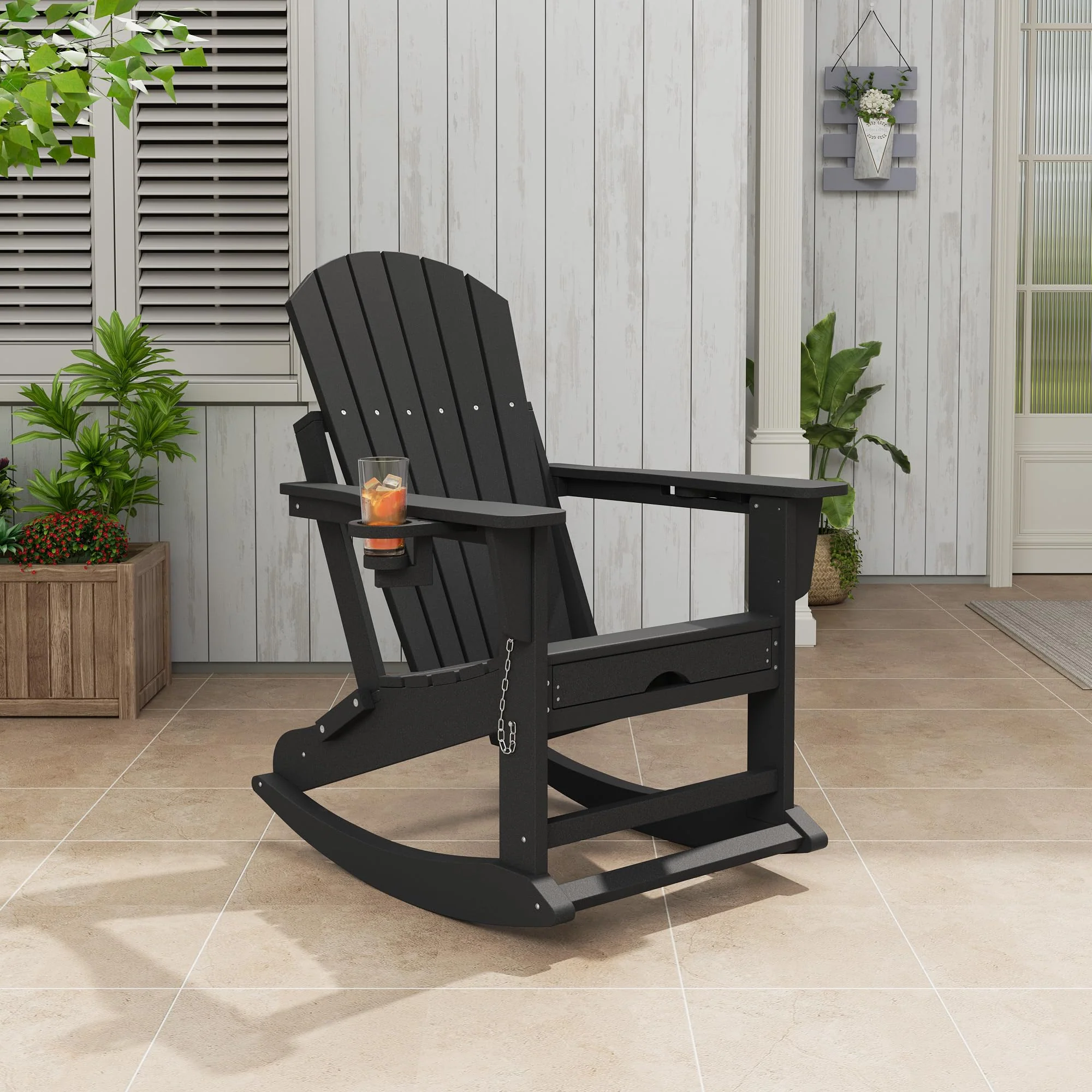 Garvee 4-in-1 Folding Adirondack Rocking Chair with Retractable Ottoman, Cup Holders, HDPE Material, Heavy Duty, Portable, Outdoor Patio Deck