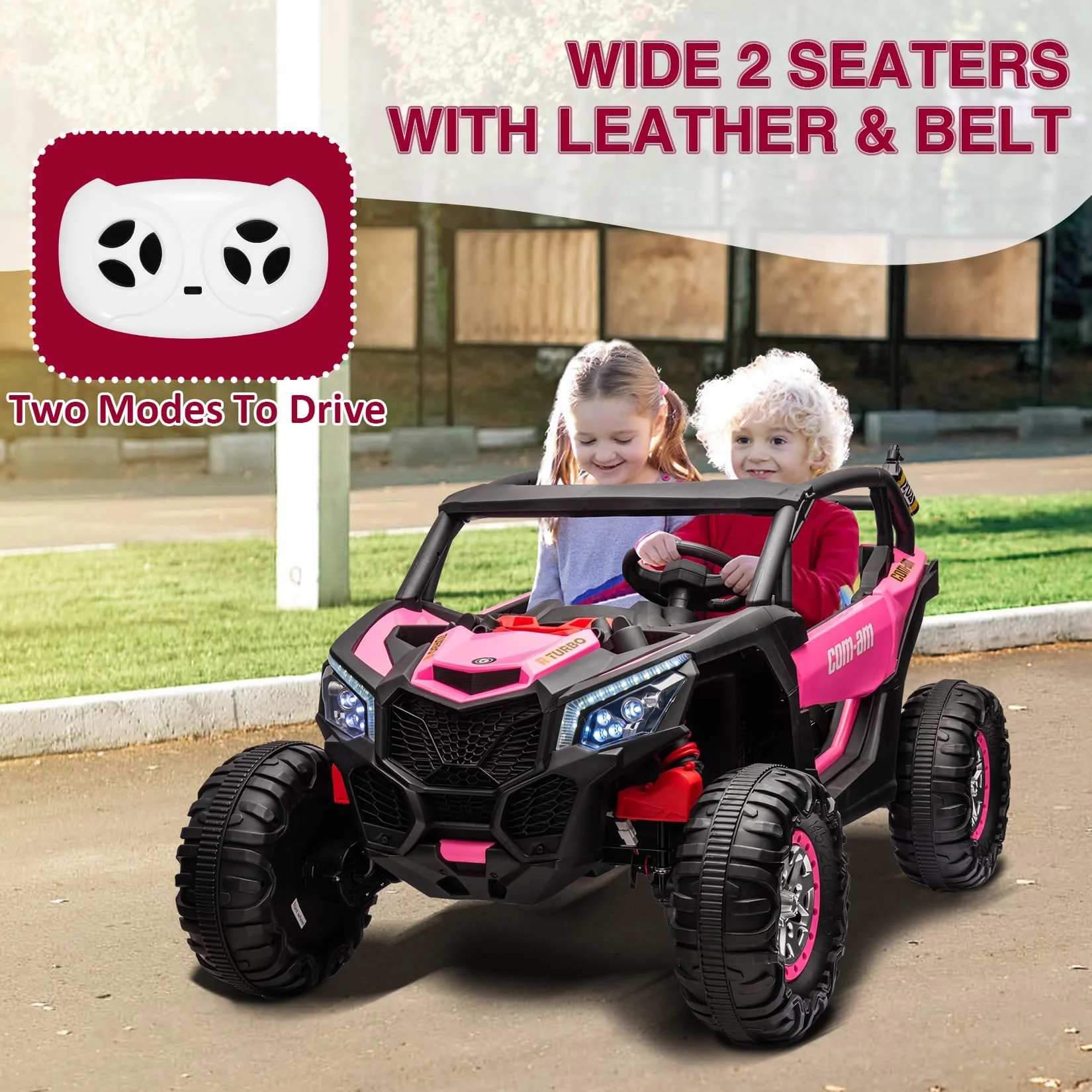 Garvee 24V 2 Seater Kids Ride on UTV Car For age 3+, w/Remote Control, 4WD Powerful Electric Vehicle with 4x75W Motors, 4 Shock Absorber, Leather Seat, Music and Light - Pink