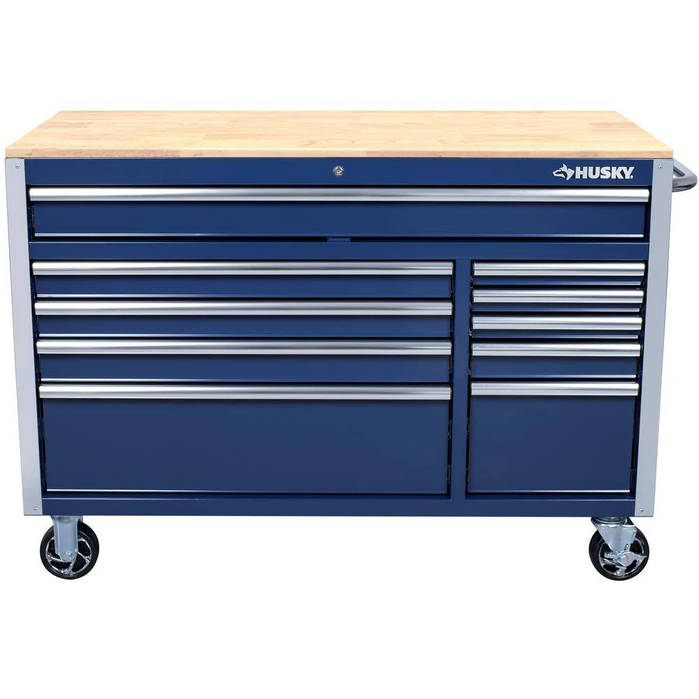 52 in. W x 24.5 in. D 10-Drawer Blue Mobile Workbench with Solid Wood Top
