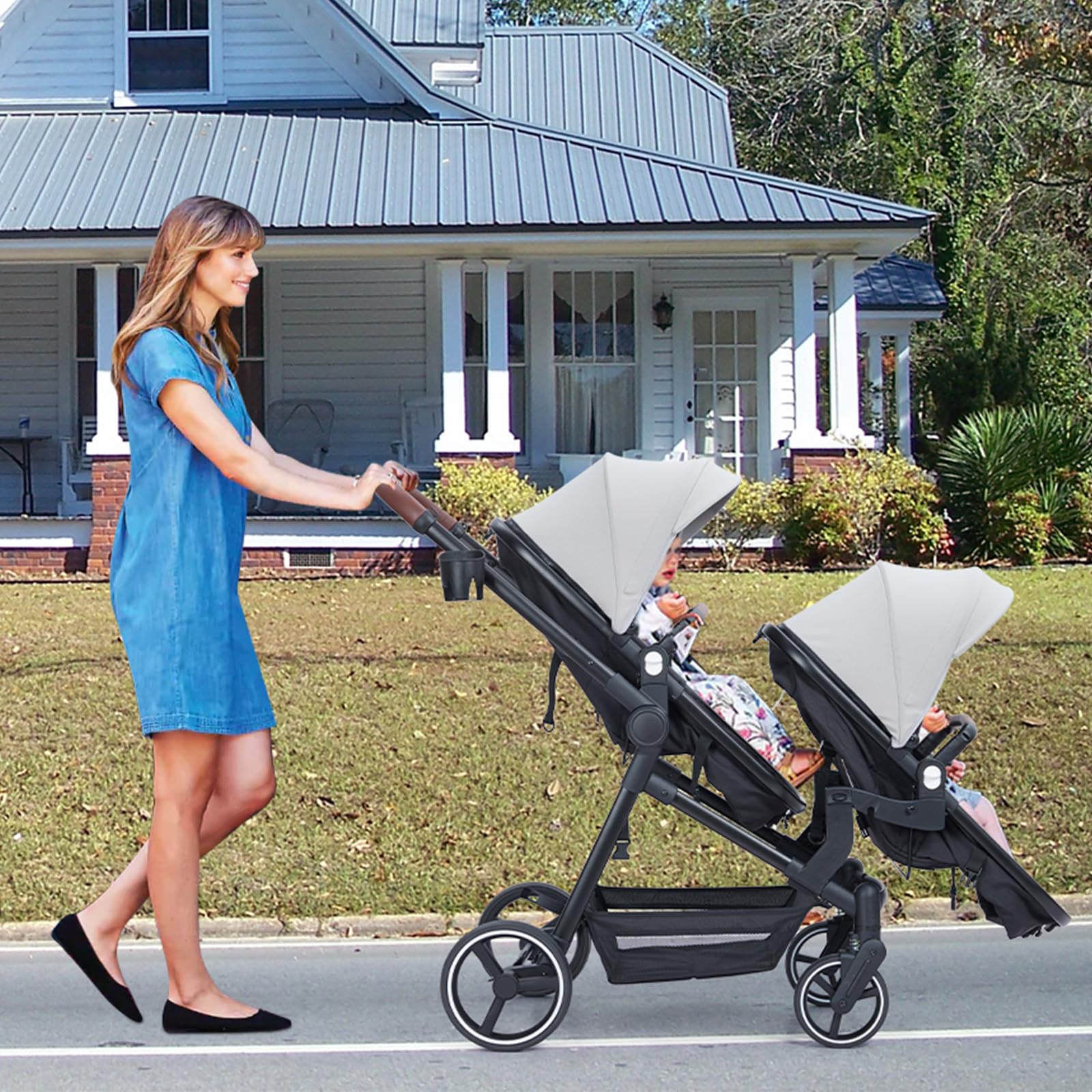 Garvee Double Stroller Track Tandem Stroller for Infant and Toddler, Foldable Pushchair Bassinet Pram, Multi-Position Reversible & Adjustable Backrest, Large Storage Basket and Canopy, Light Gray