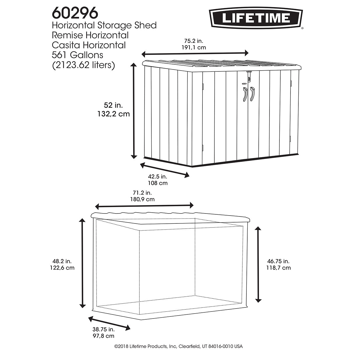 2026 Lifetime 6ft 3′′ x 3ft 6′′ (1.9 x 1.1m) Horizontal 2,407 Litre Storage Shed