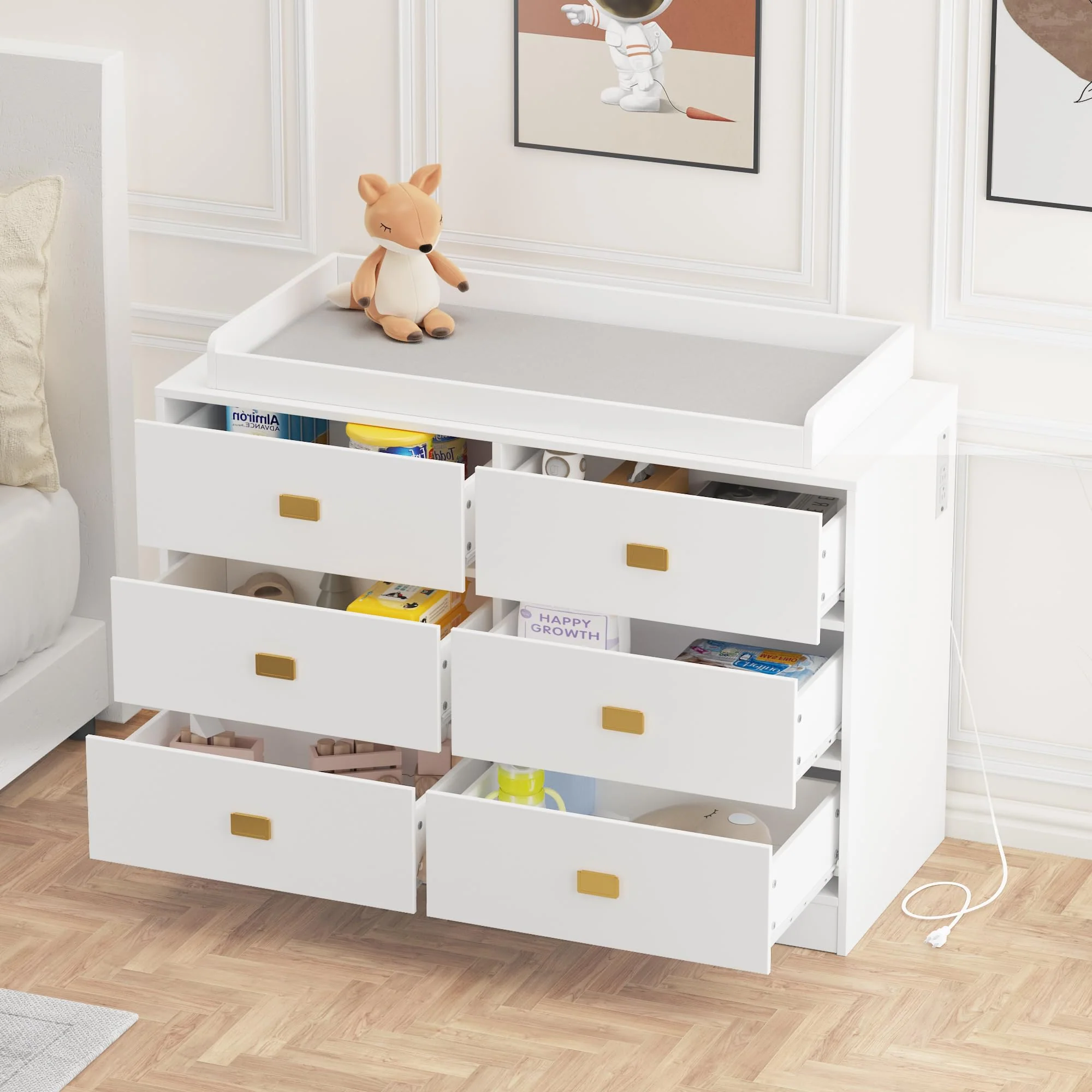Garvee Baby Changing Table Dresser, Wide Chest of Drawers with Changing Table Top, Nursery Storage Organizer for Infant with Power Outlets, Changing Pad & Removable Top (White)
