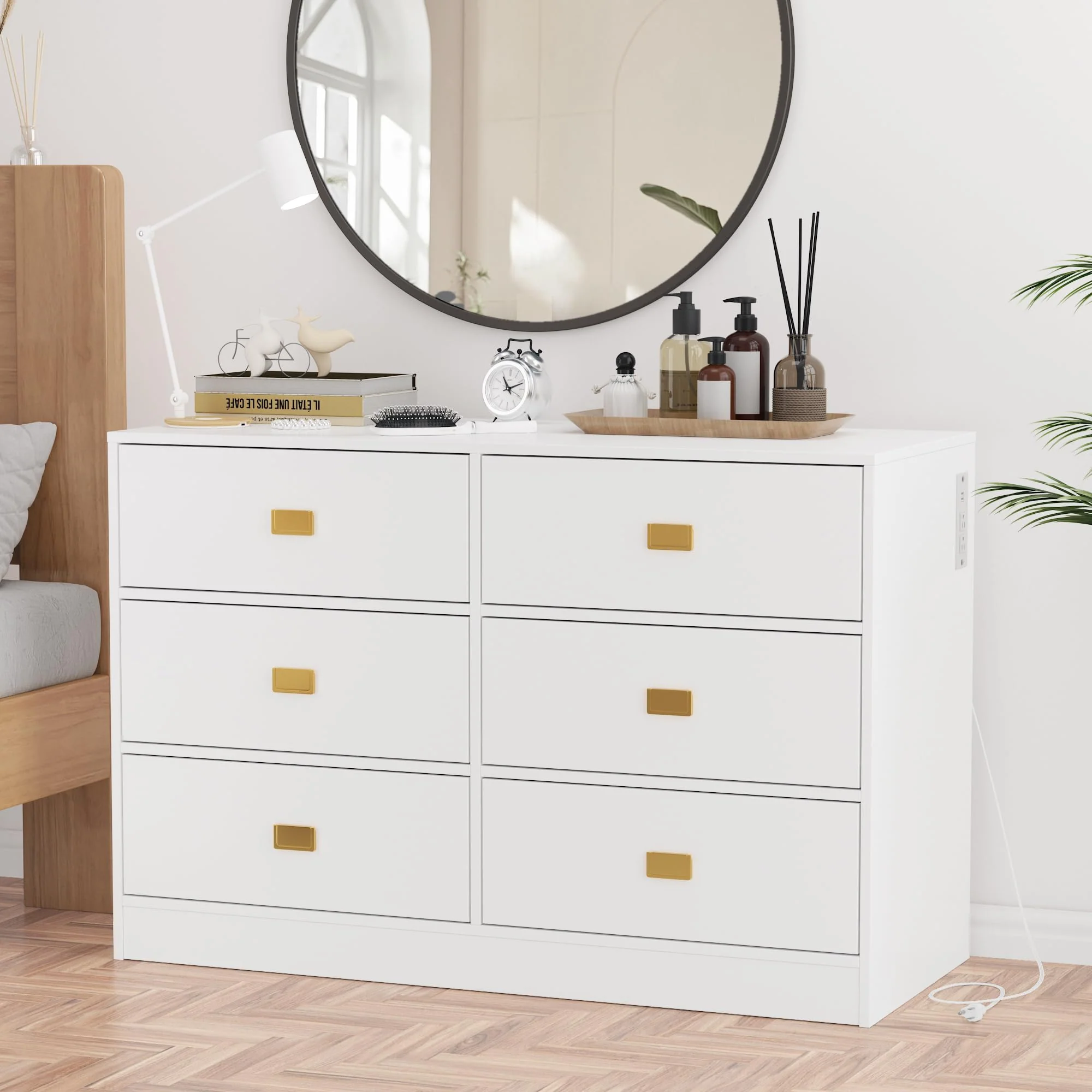 Garvee Baby Changing Table Dresser, Wide Chest of Drawers with Changing Table Top, Nursery Storage Organizer for Infant with Power Outlets, Changing Pad & Removable Top (White)