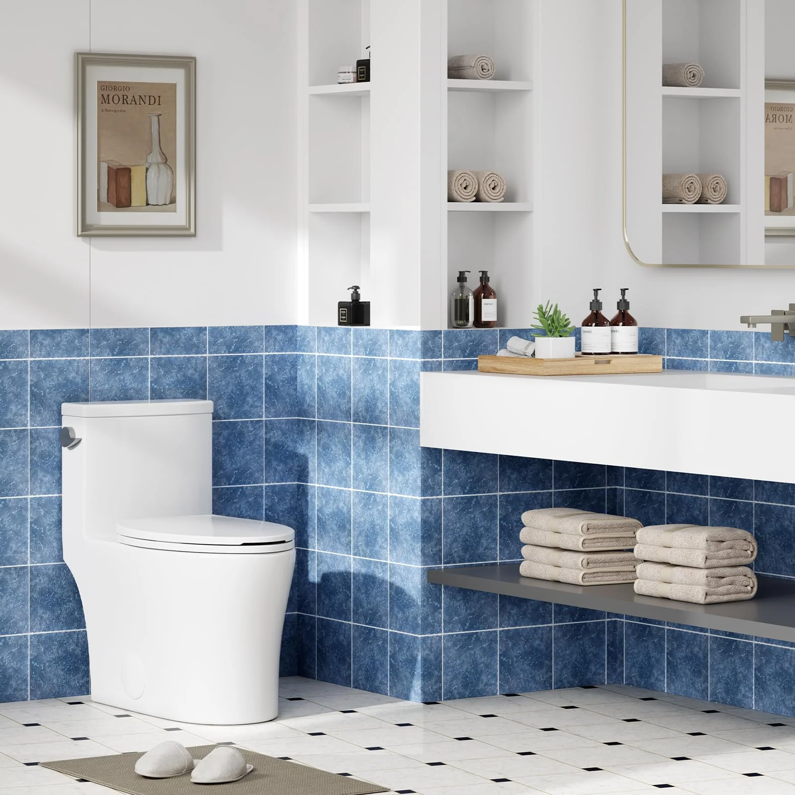 Garvee Elongated Toilet for Bathrooms, One-Piece Toilet with Soft Close Seat, Powerful & Quiet Left Side Trip Lever Flush 1.28 GPF, Ceramic Crisp White 12