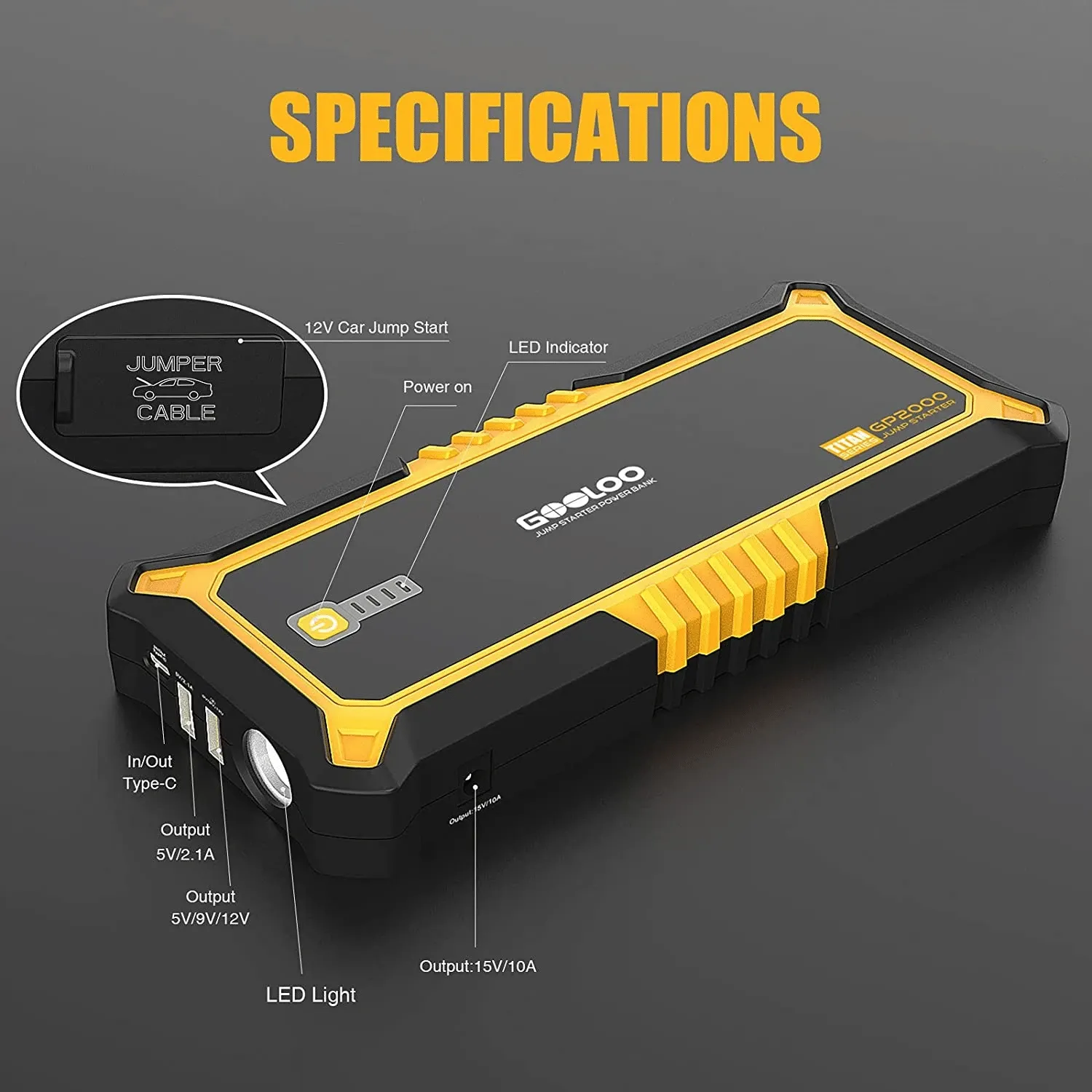 Gooloo GP2000 2000 Amp Car Battery Jump Starter