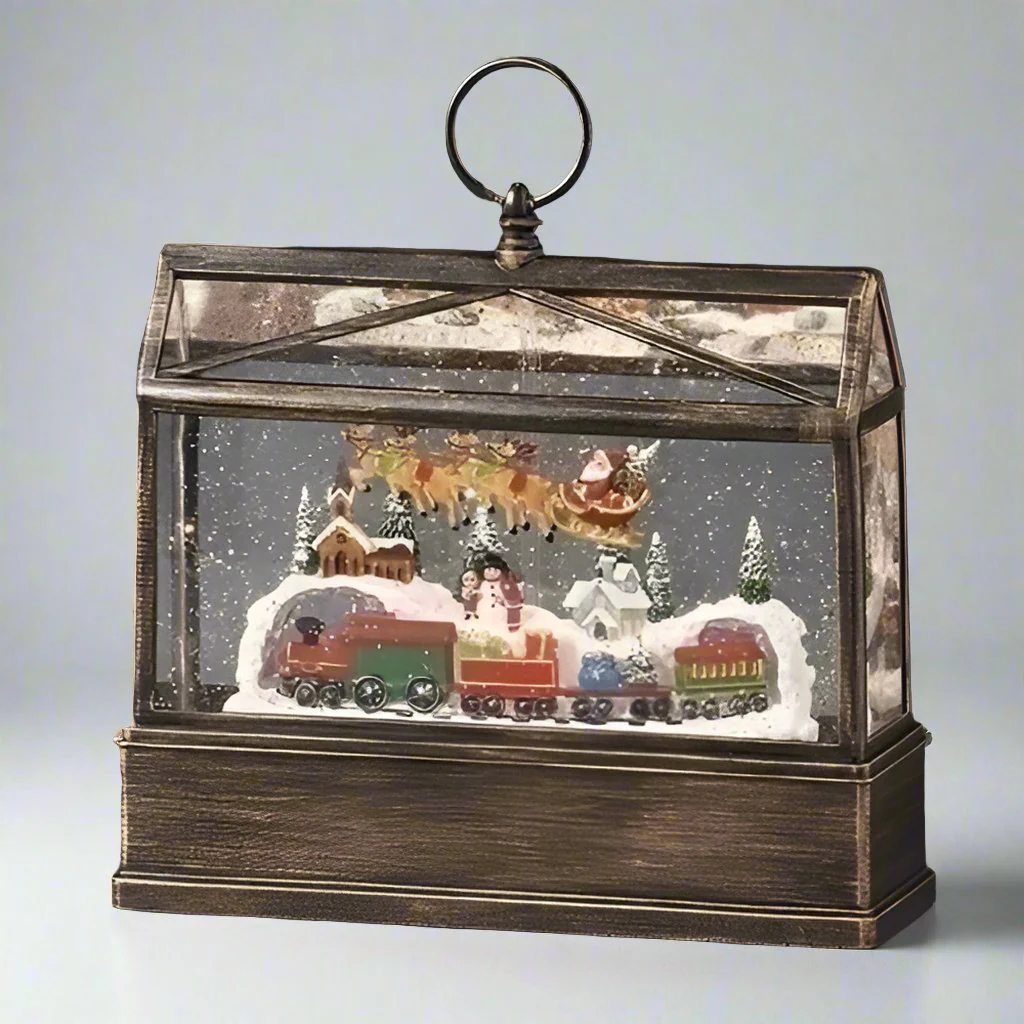 Lighted Swirl Greenhouse Snow Globe W/ Snowy Scene With Santa And A Train, 10