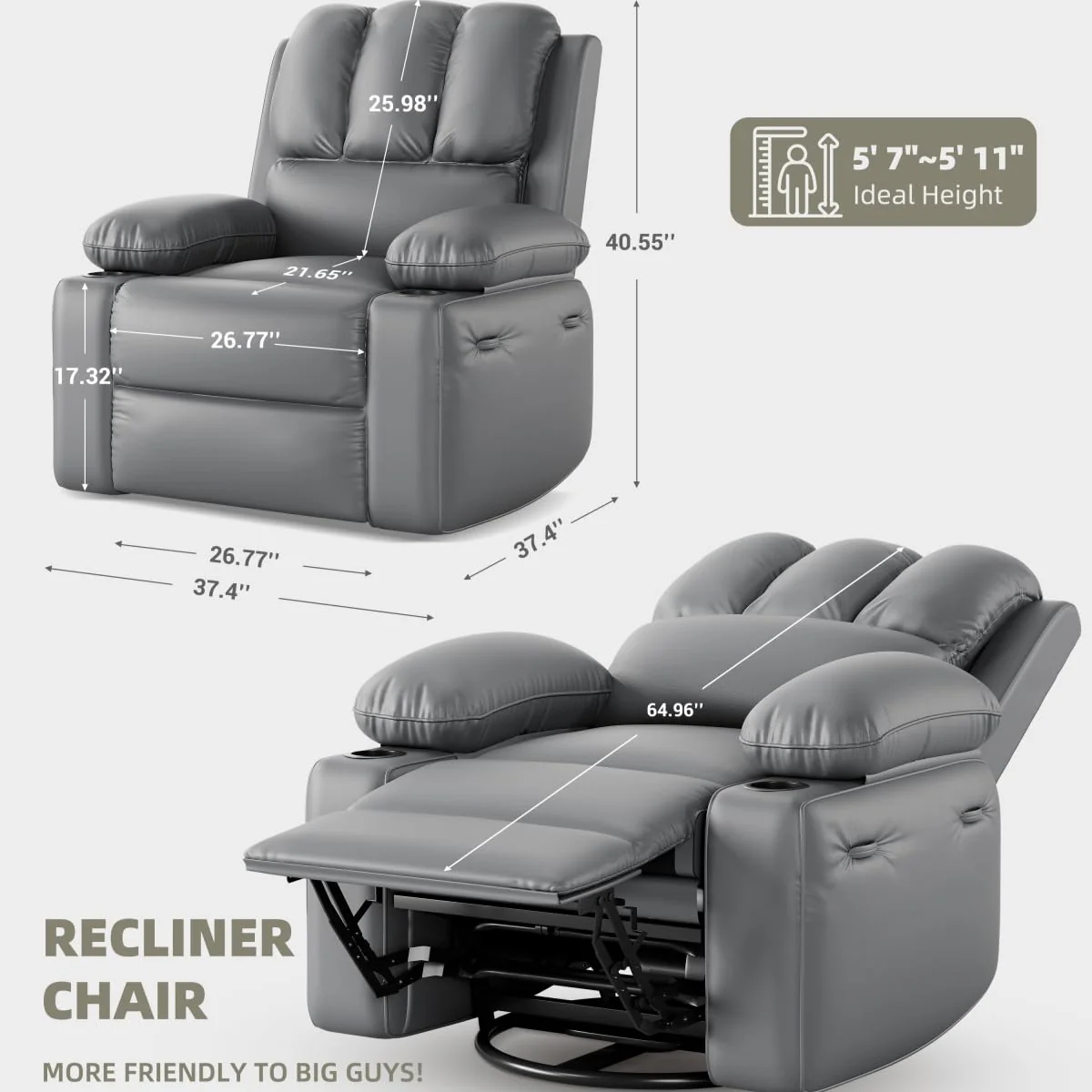 Garvee Oversized Power Recliner Chair with Heat and Massage - 360° Swivel Lazy Boy Recliner Chair for Adults, Faux Leather Rocking Chair with Cup Holder for Living Rooms, Bedrooms, and Nurseries - Grey